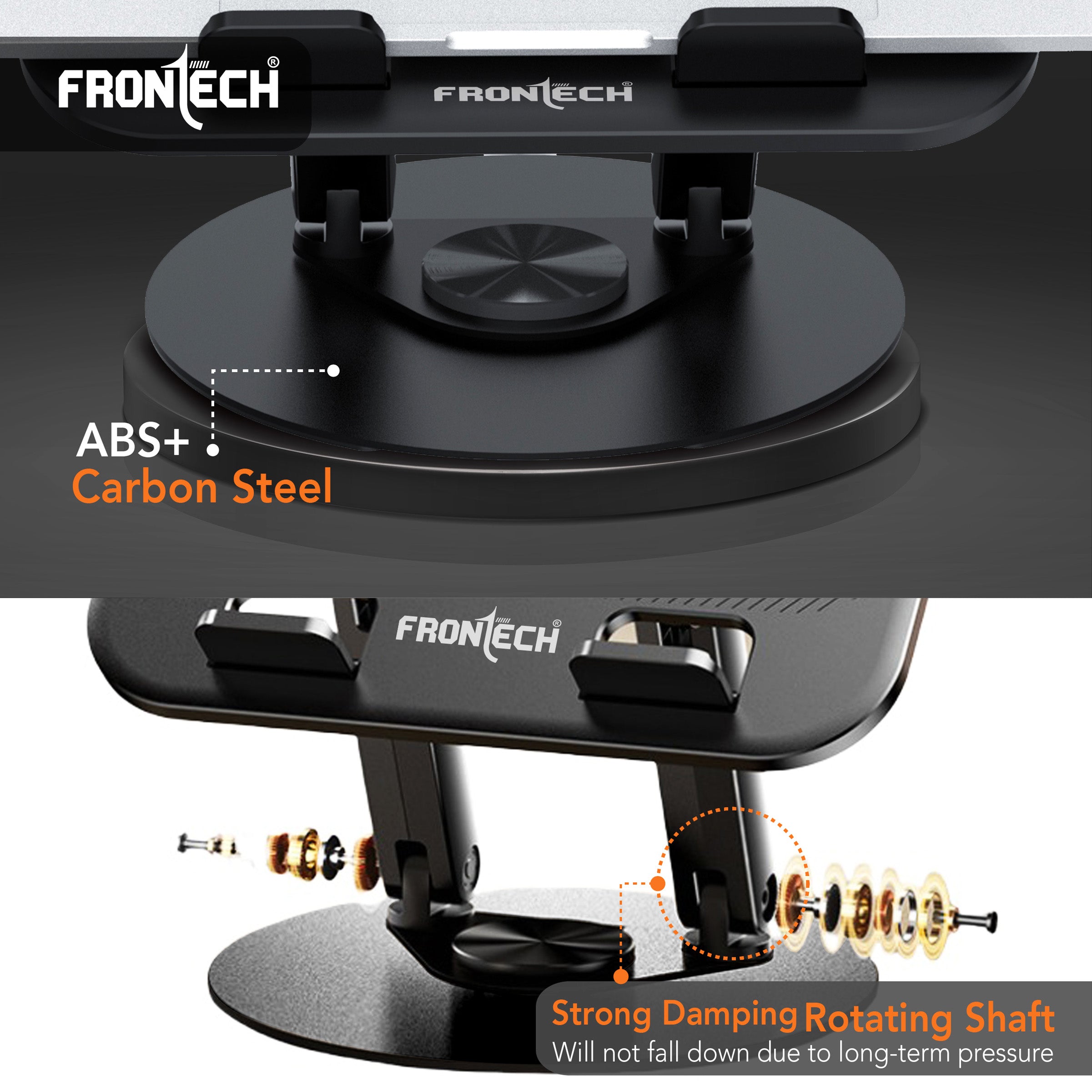 Frontech 360° Rotating Laptop Stand — Step-Less Adjustable Height, Carbon Steel + ABS Build, Fits Up to 17