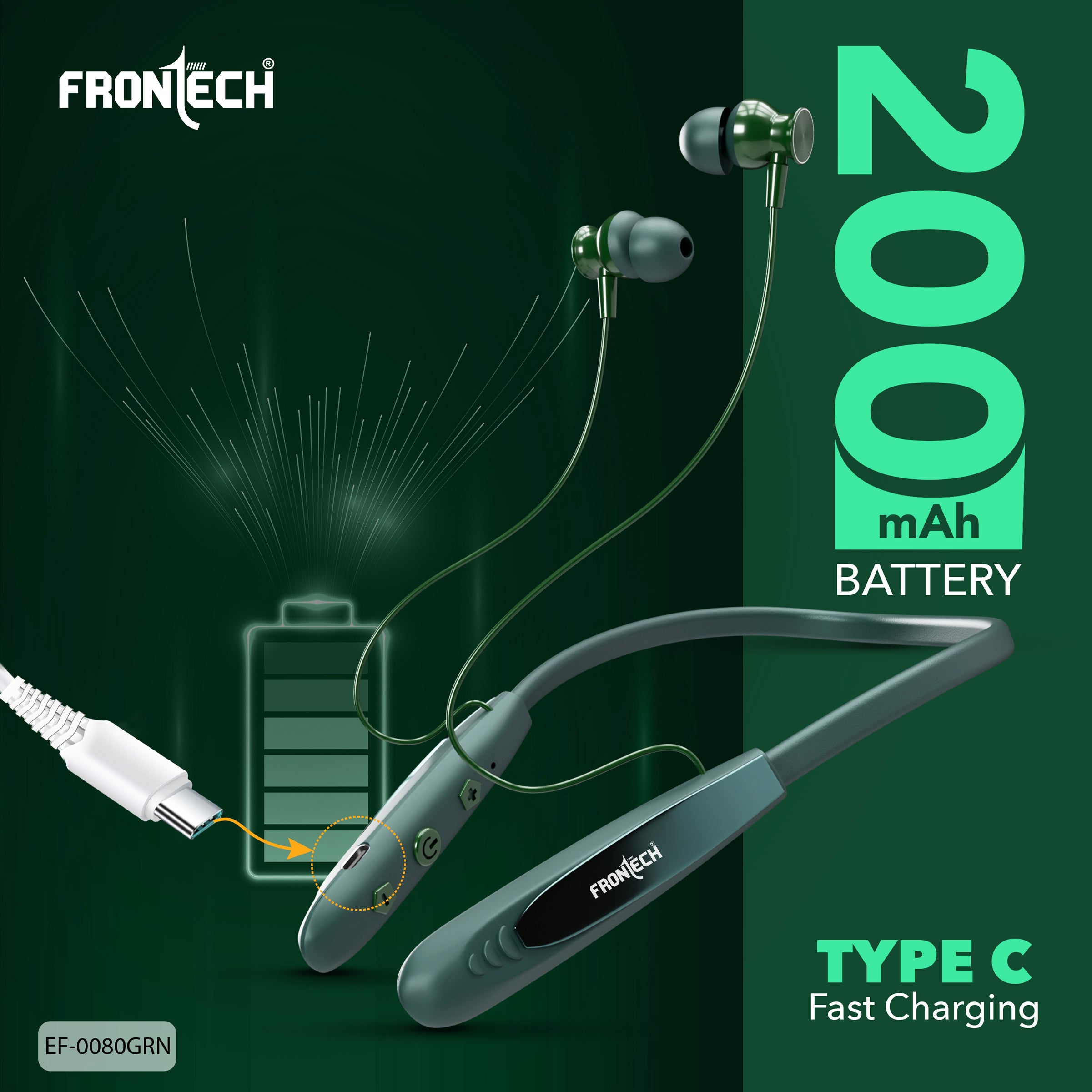 Frontech Onyx Wireless Neckband Bluetooth 5.0 Earphones | 36H Playtime| 200mAh Battery| Type-C Fast Charging| Magnetic Earbuds| Premium Sound Quality