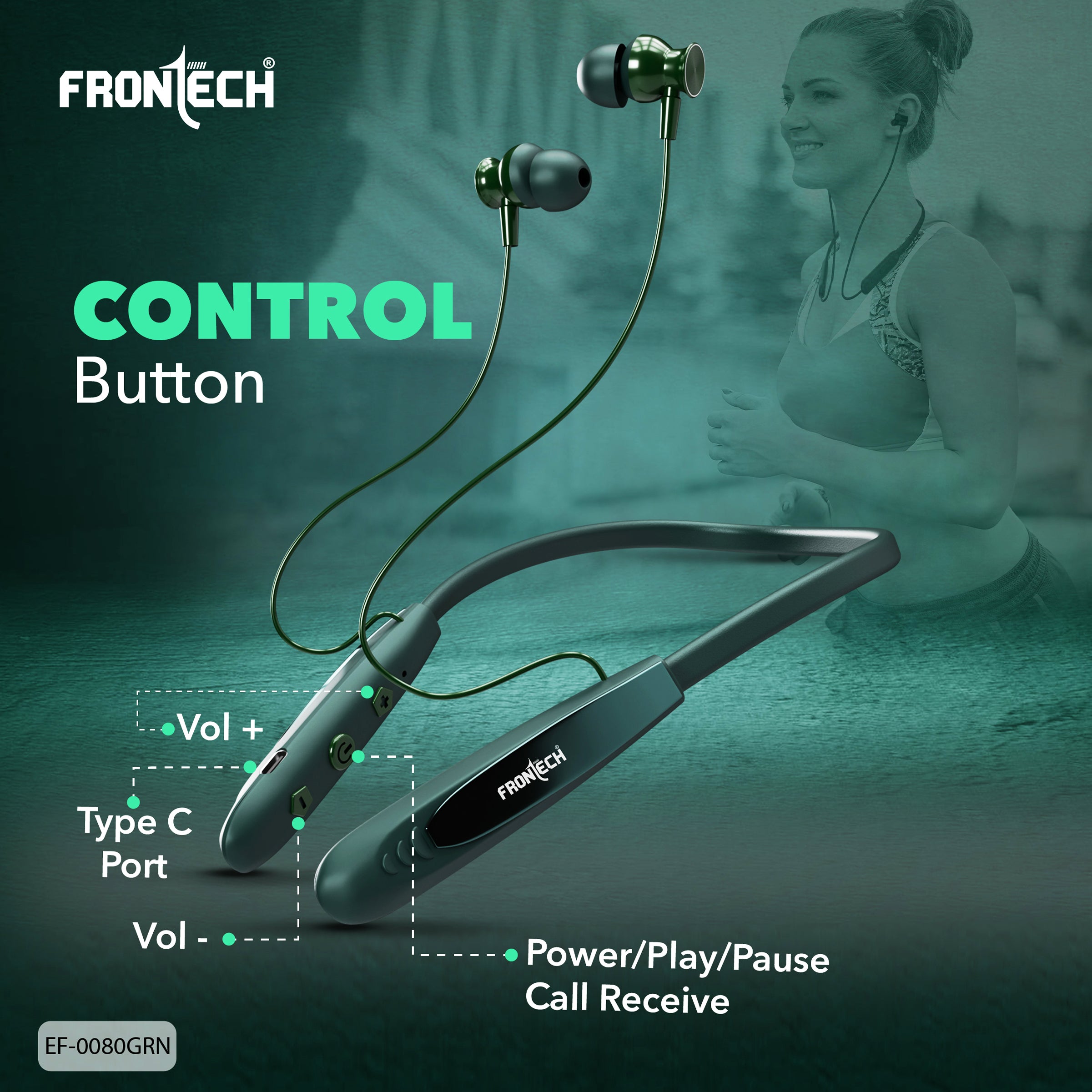 Frontech Onyx Wireless Neckband Bluetooth 5.0 Earphones | 36H Playtime| 200mAh Battery| Type-C Fast Charging| Magnetic Earbuds| Premium Sound Quality