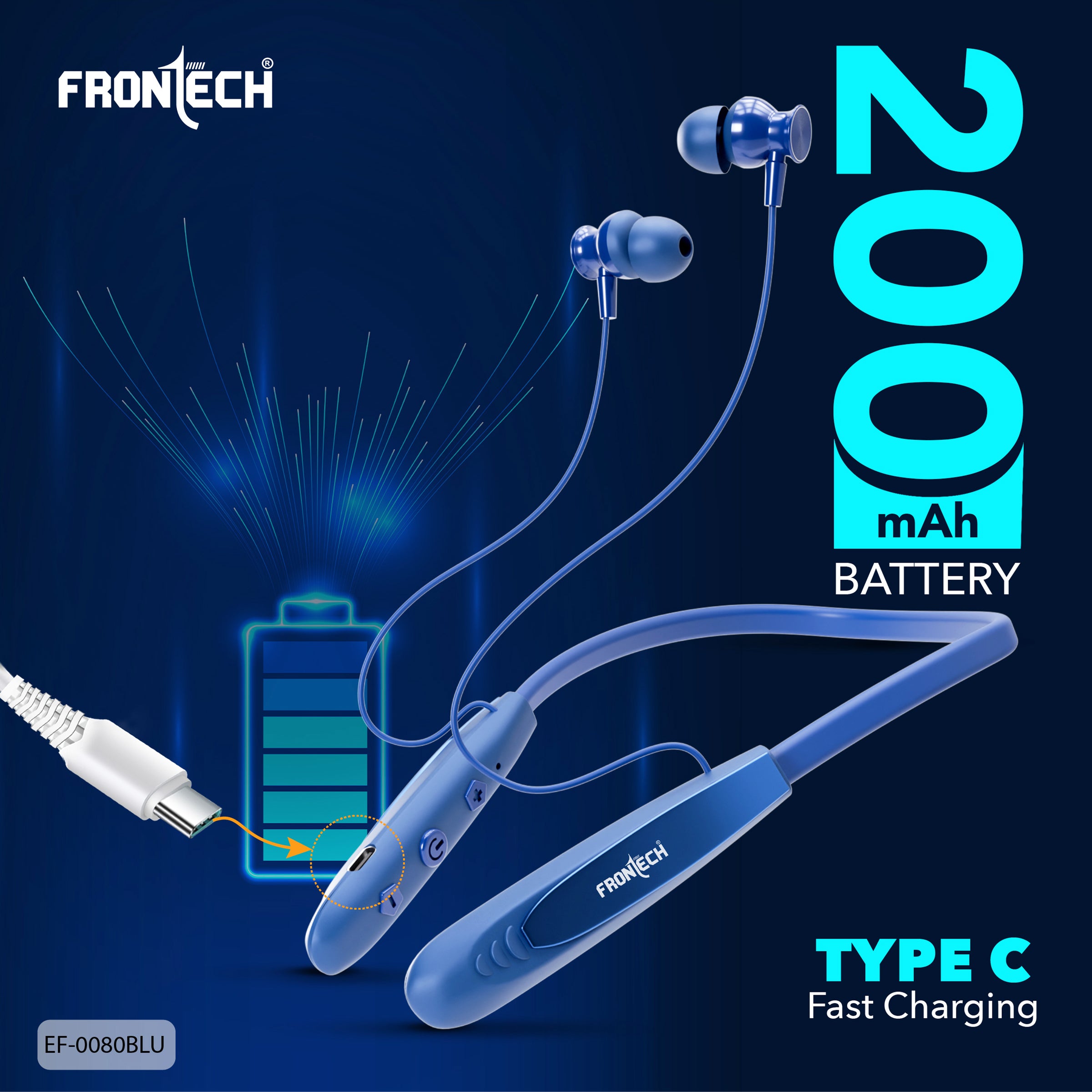 Frontech Onyx Wireless Neckband Bluetooth 5.0 Earphones | 36H Playtime| 200mAh Battery| Type-C Fast Charging| Magnetic Earbuds| Premium Sound Quality