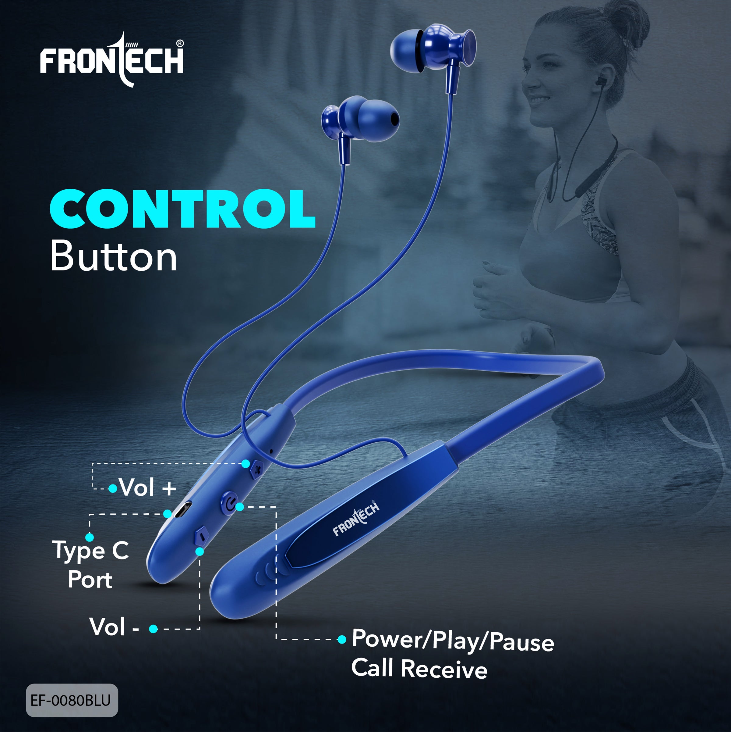 Frontech Onyx Wireless Neckband Bluetooth 5.0 Earphones | 36H Playtime| 200mAh Battery| Type-C Fast Charging| Magnetic Earbuds| Premium Sound Quality