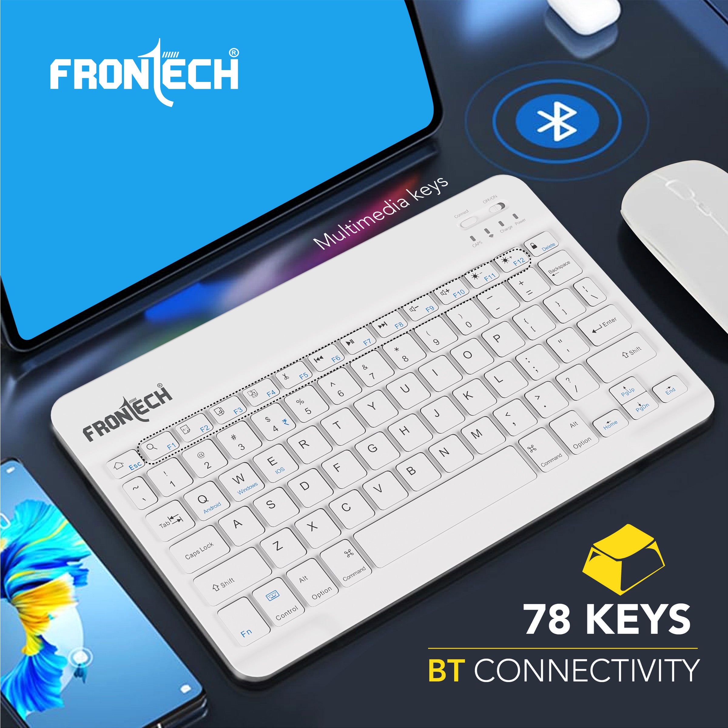 Frontech Wireless Mini Keyboard - 78 Keys, Bluetooth Connectivity, Rechargeable, Ultra Slim, Compact Design 1 Year Warranty (FT-1603AW)