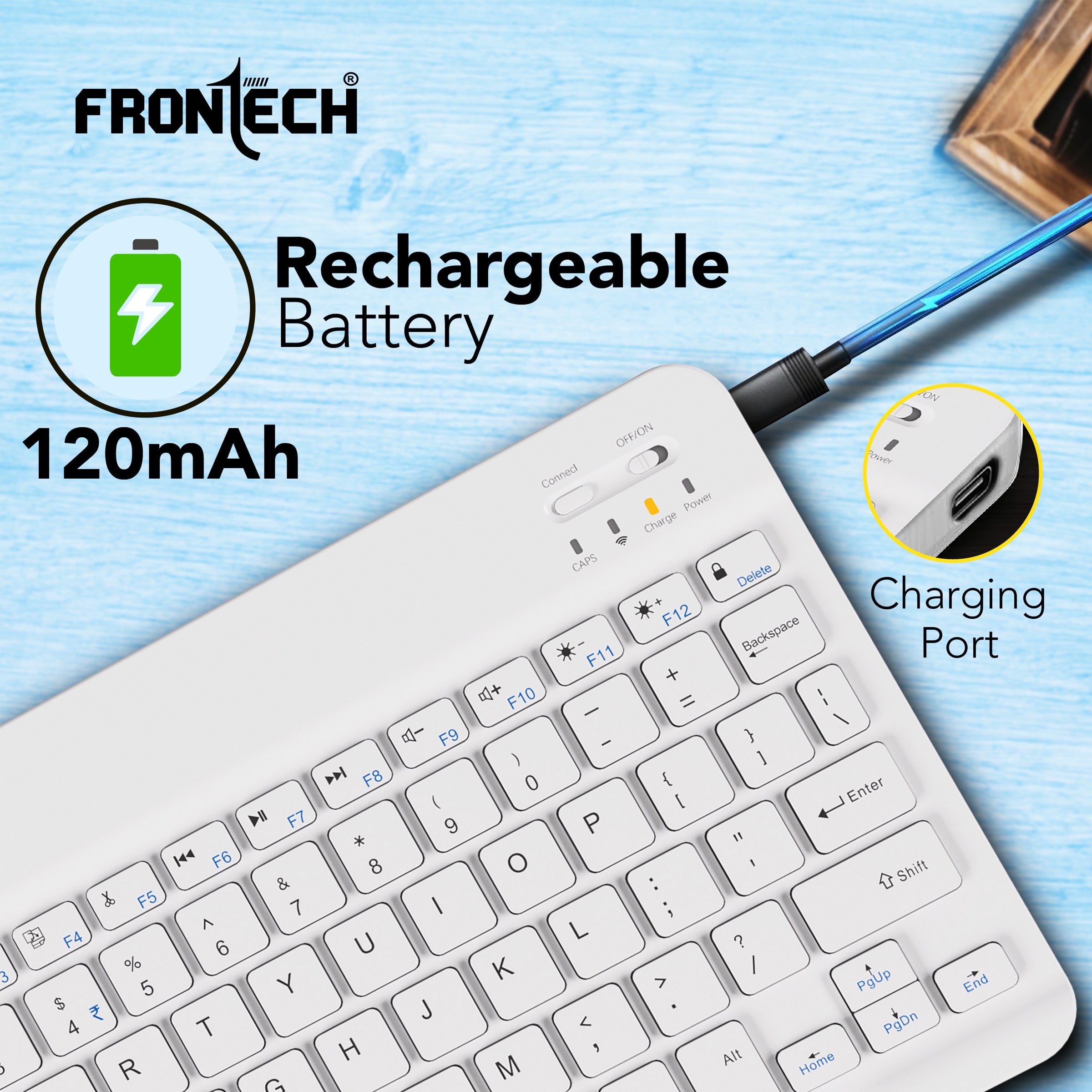Frontech Wireless Mini Keyboard - 78 Keys, Bluetooth Connectivity, Rechargeable, Ultra Slim, Compact Design 1 Year Warranty (FT-1603AW)