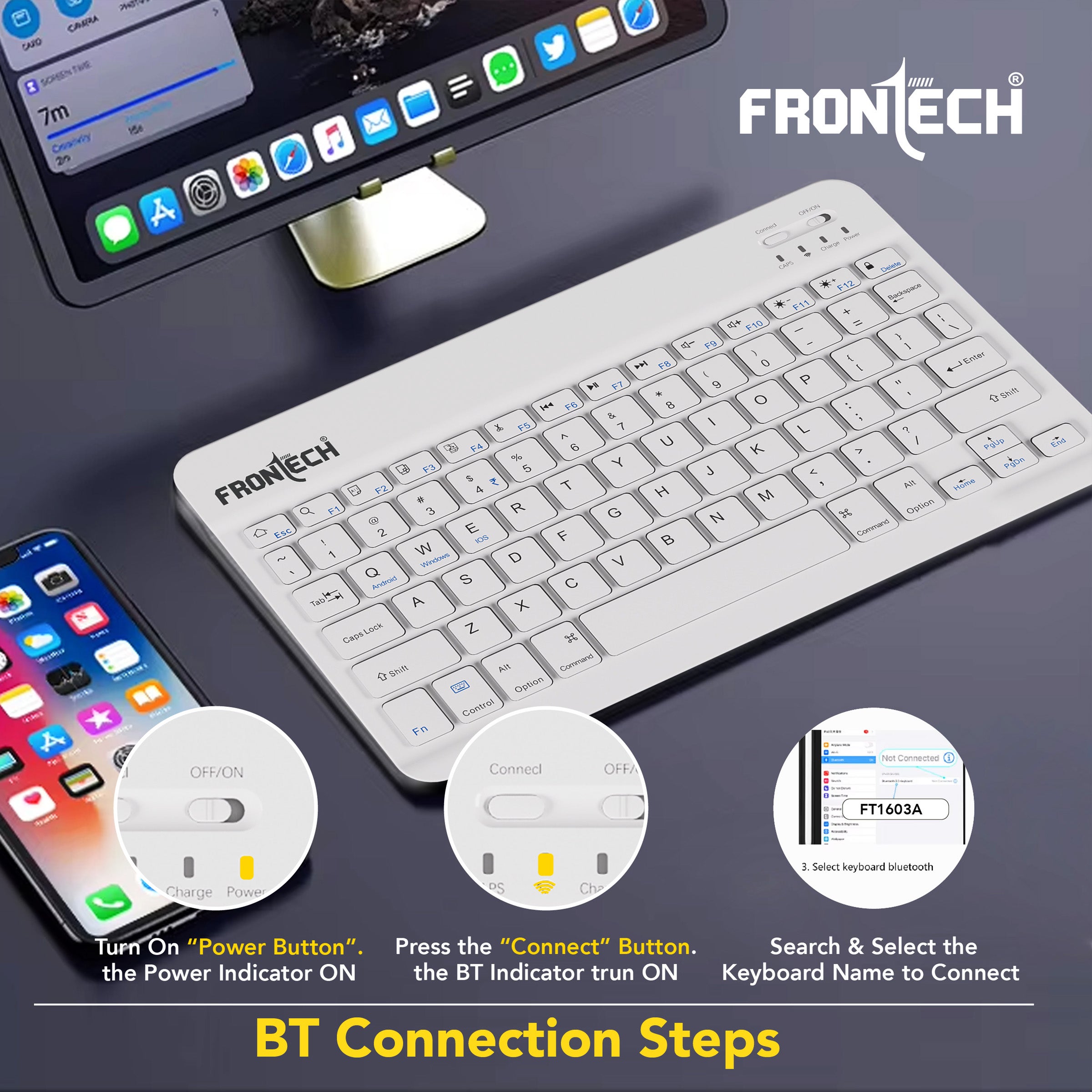 Frontech Wireless Mini Keyboard - 78 Keys, Bluetooth Connectivity, Rechargeable, Ultra Slim, Compact Design 1 Year Warranty (FT-1603AW)