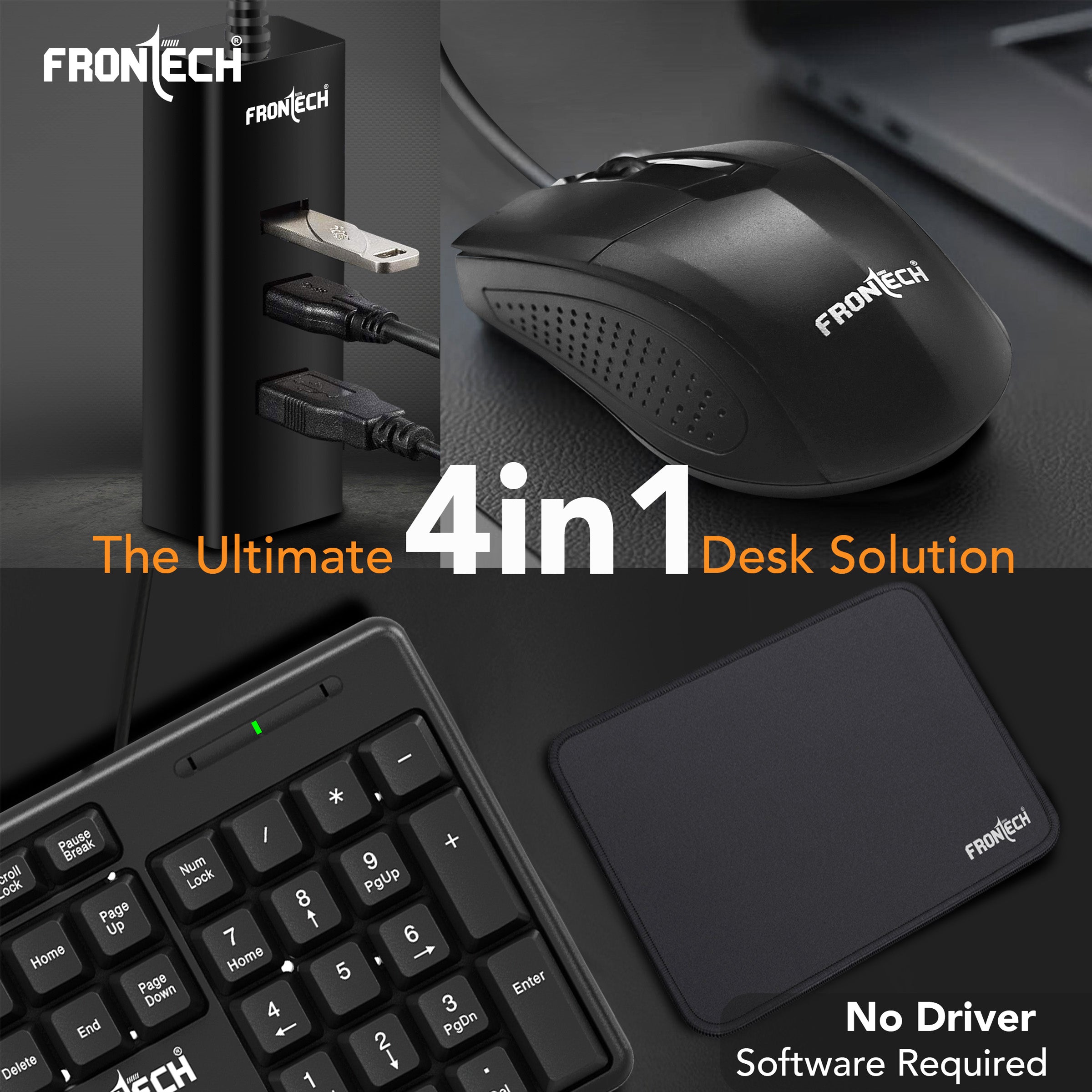FRONTECH Wired Keyboard and Mouse Combo with USB Hub & Mouse Pad, 104-Key Ergonomic Keyboard, 1000 DPI Optical Mouse, Plug & Play USB, 1-Year Warranty (FT-1692P)