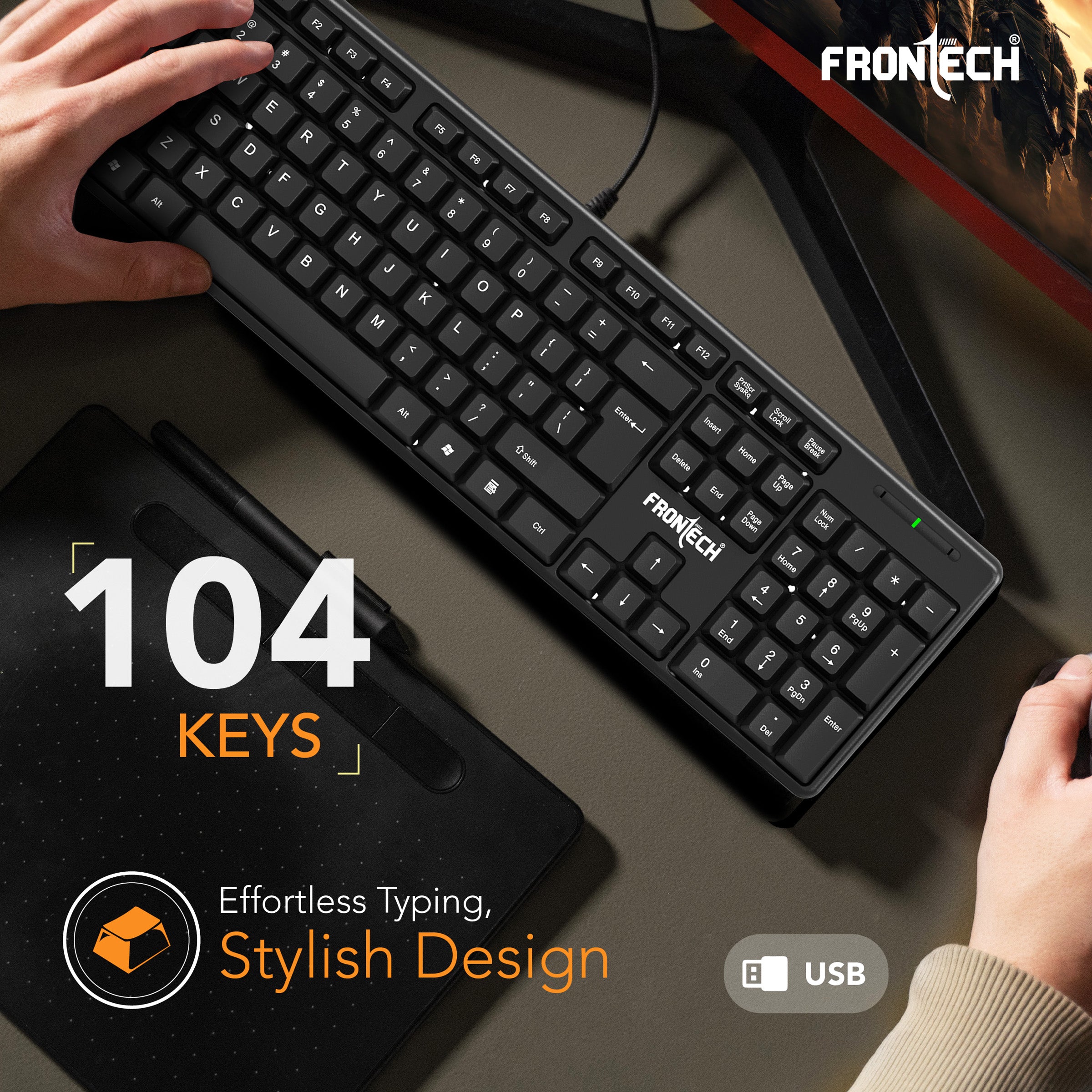 FRONTECH Wired Keyboard and Mouse Combo with USB Hub & Mouse Pad, 104-Key Ergonomic Keyboard, 1000 DPI Optical Mouse, Plug & Play USB, 1-Year Warranty (FT-1692P)