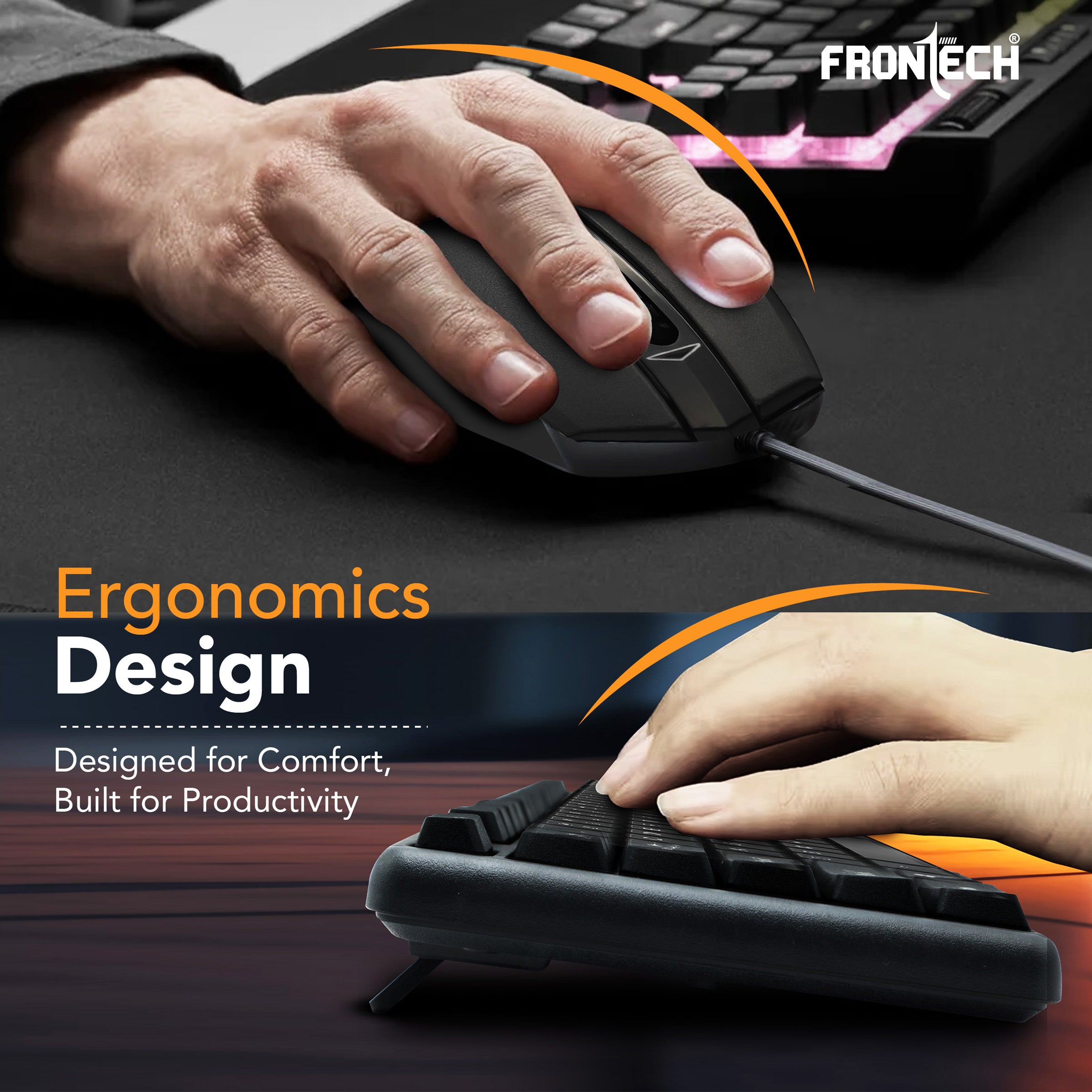 FRONTECH Wired Keyboard and Mouse Combo with USB Hub & Mouse Pad, 104-Key Ergonomic Keyboard, 1000 DPI Optical Mouse, Plug & Play USB, 1-Year Warranty (FT-1692P)