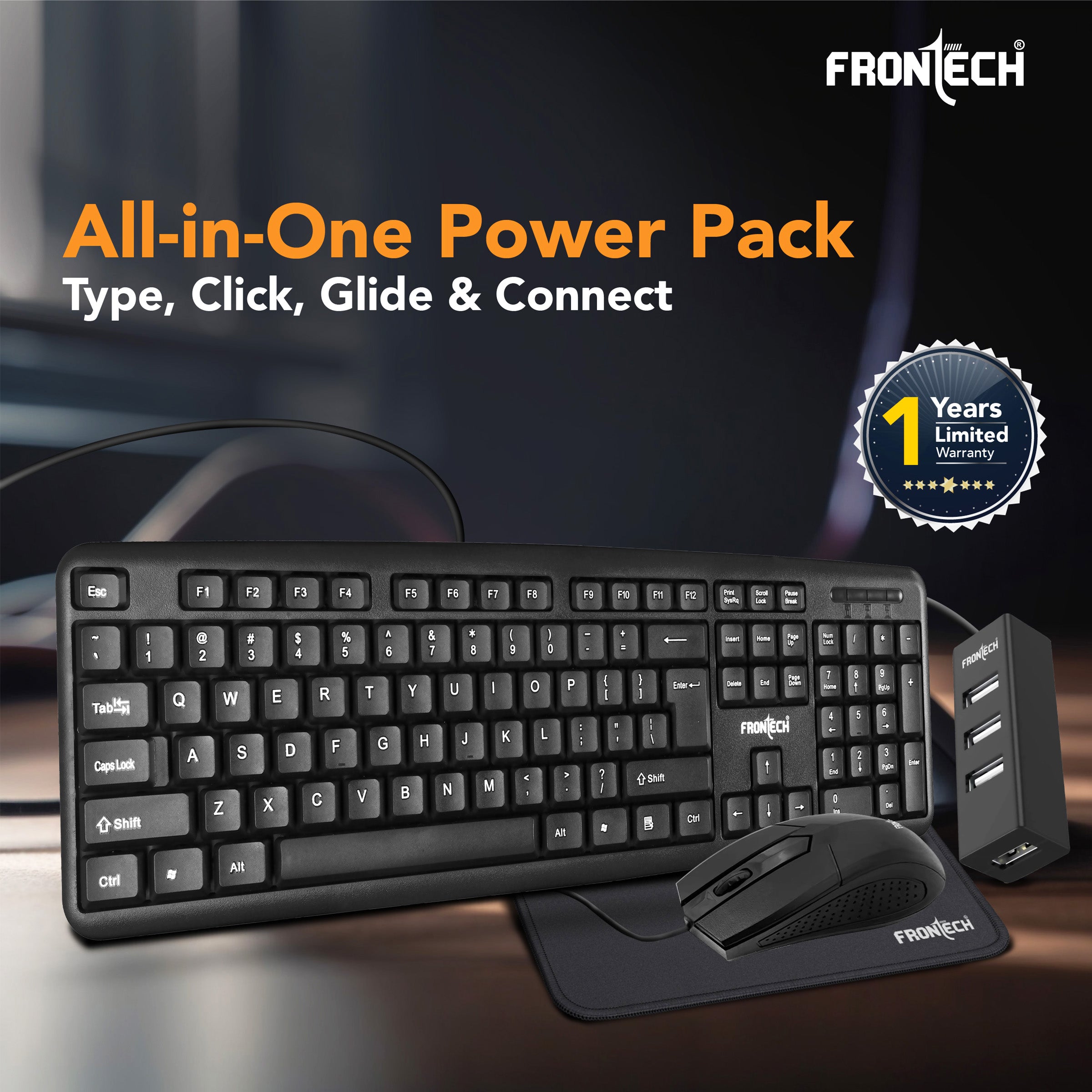 FRONTECH Wired Keyboard and Mouse Combo with USB Hub & Mouse Pad, 104-Key Ergonomic Keyboard, 1000 DPI Optical Mouse, Plug & Play USB, 1-Year Warranty (FT-1692P)
