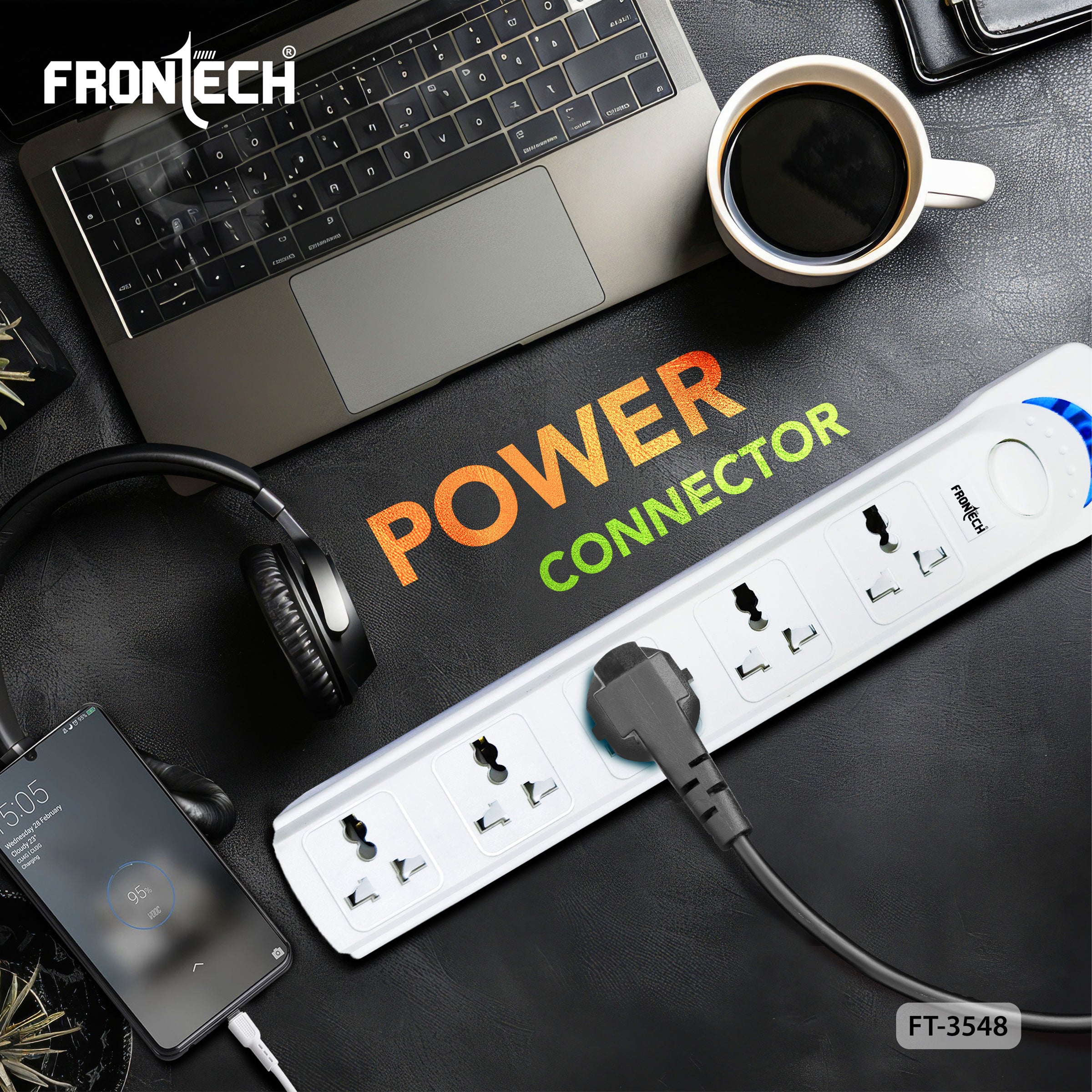 Frontech FT-3548 Power Extension Board with 5 Universal Sockets & 1.5M Cable | Multi Plug Extension Cord with Power Safety Switch | 2500W Max Load, Fireproof & Heat Resistant Design | Wall Mount Option for Home, Office & Travel (FT-3548)