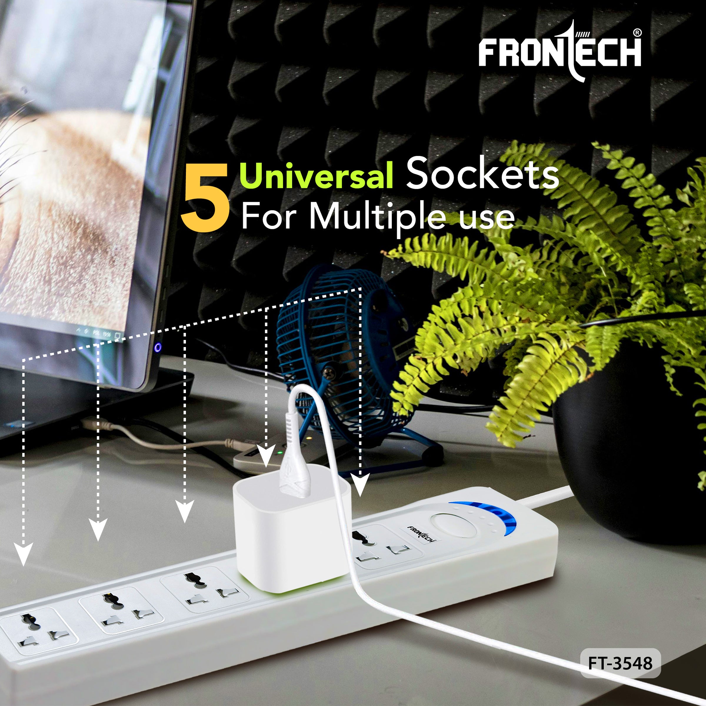 Frontech FT-3548 Power Extension Board with 5 Universal Sockets & 1.5M Cable | Multi Plug Extension Cord with Power Safety Switch | 2500W Max Load, Fireproof & Heat Resistant Design | Wall Mount Option for Home, Office & Travel (FT-3548)