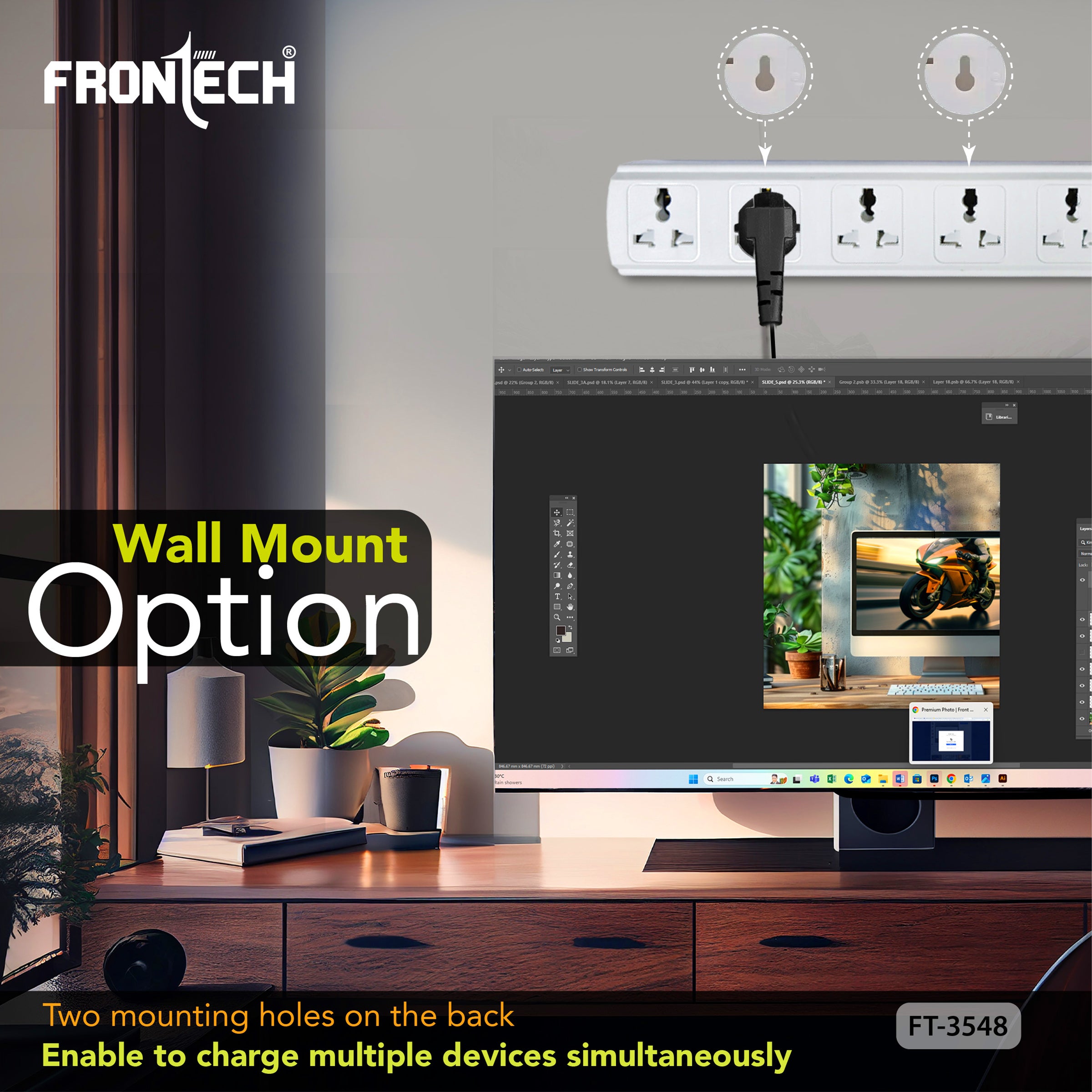 Frontech FT-3548 Power Extension Board with 5 Universal Sockets & 1.5M Cable | Multi Plug Extension Cord with Power Safety Switch | 2500W Max Load, Fireproof & Heat Resistant Design | Wall Mount Option for Home, Office & Travel (FT-3548)