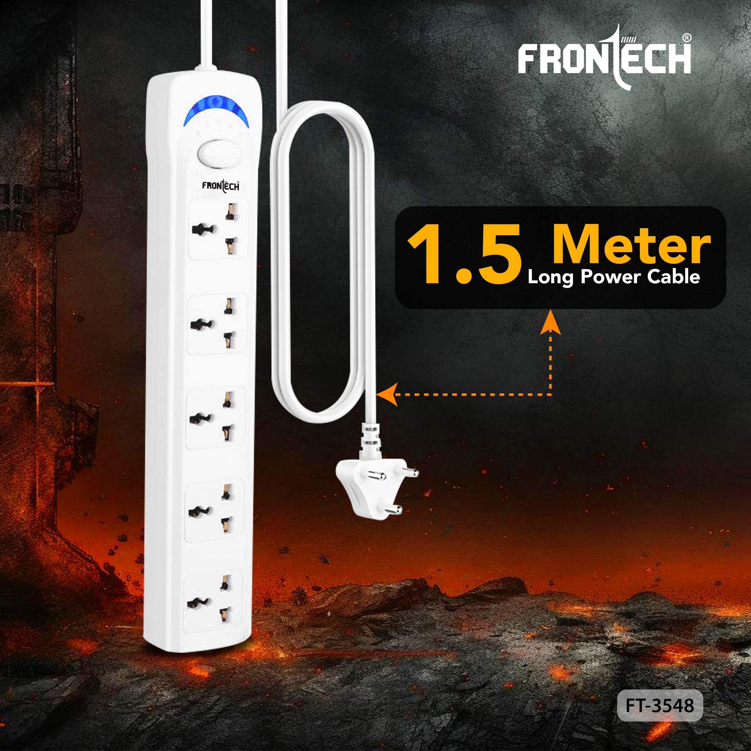 Frontech FT-3548 Power Extension Board with 5 Universal Sockets & 1.5M Cable | Multi Plug Extension Cord with Power Safety Switch | 2500W Max Load, Fireproof & Heat Resistant Design | Wall Mount Option for Home, Office & Travel (FT-3548)