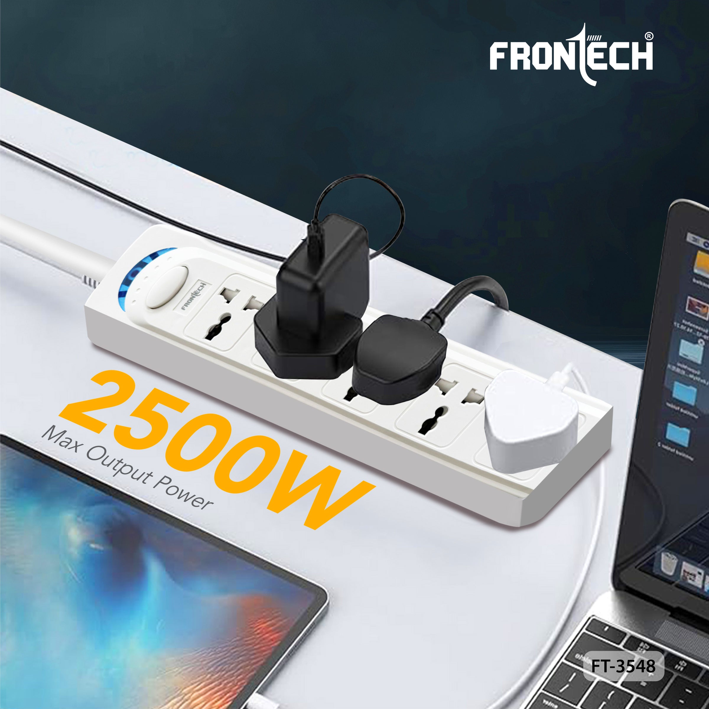 Frontech FT-3548 Power Extension Board with 5 Universal Sockets & 1.5M Cable | Multi Plug Extension Cord with Power Safety Switch | 2500W Max Load, Fireproof & Heat Resistant Design | Wall Mount Option for Home, Office & Travel (FT-3548)