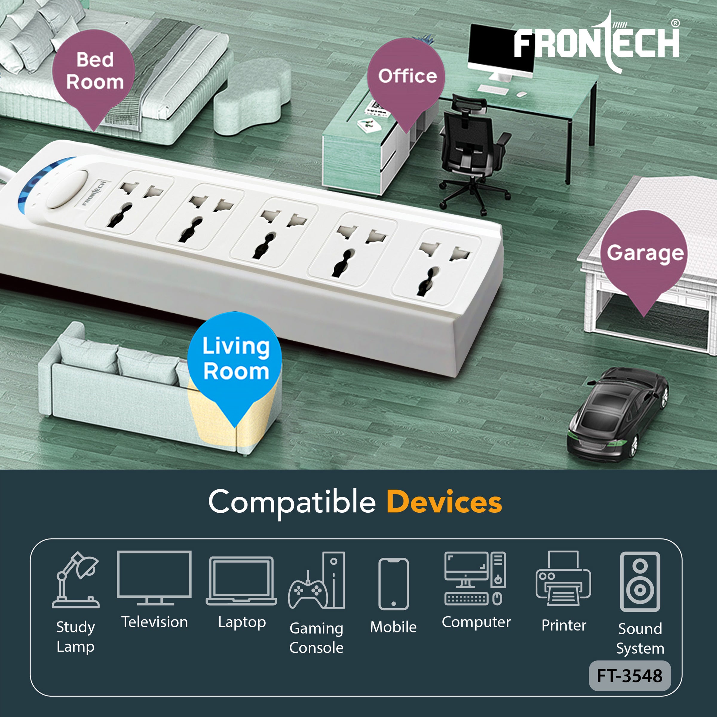 Frontech FT-3548 Power Extension Board with 5 Universal Sockets & 1.5M Cable | Multi Plug Extension Cord with Power Safety Switch | 2500W Max Load, Fireproof & Heat Resistant Design | Wall Mount Option for Home, Office & Travel (FT-3548)