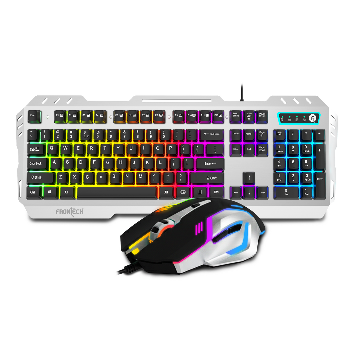 Frontech Metal Warrior Gaming Combo | Rainbow Backlit Aluminium Keyboard with 19 Anti-Ghosting Keys | 7200 DPI Adjustable Optical Mouse | Ergonomic Design | 1-Year Warranty