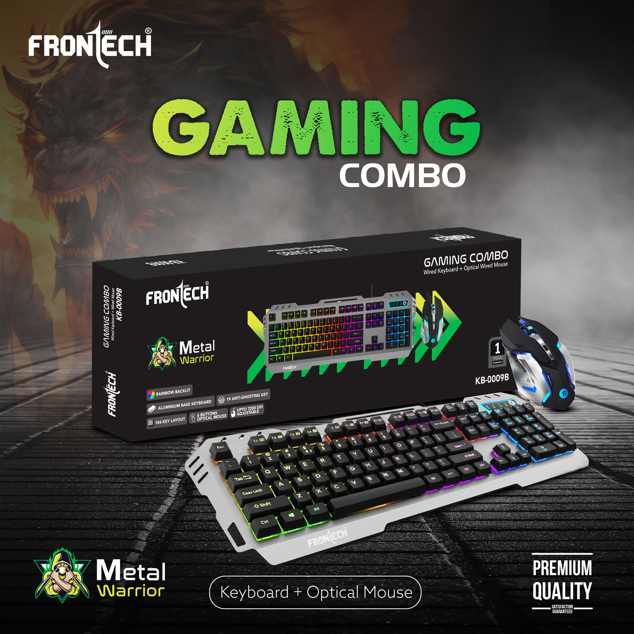 Frontech Metal Warrior Gaming Combo | Rainbow Backlit Aluminium Keyboard with 19 Anti-Ghosting Keys | 7200 DPI Adjustable Optical Mouse | Ergonomic Design | 1-Year Warranty