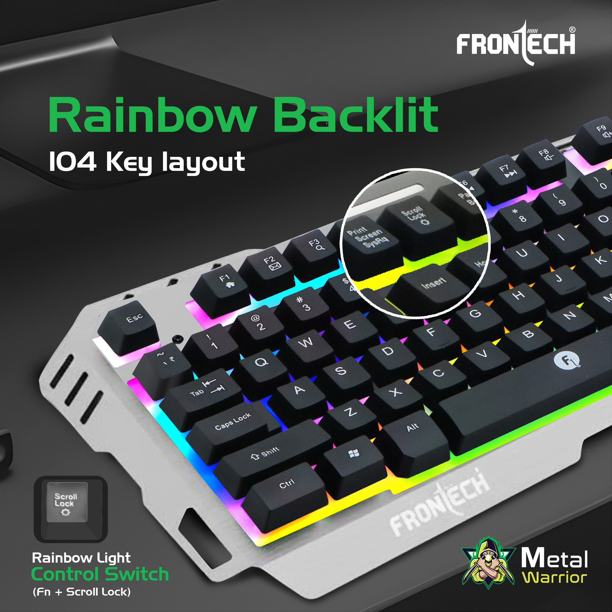 Frontech Metal Warrior Gaming Combo | Rainbow Backlit Aluminium Keyboard with 19 Anti-Ghosting Keys | 7200 DPI Adjustable Optical Mouse | Ergonomic Design | 1-Year Warranty