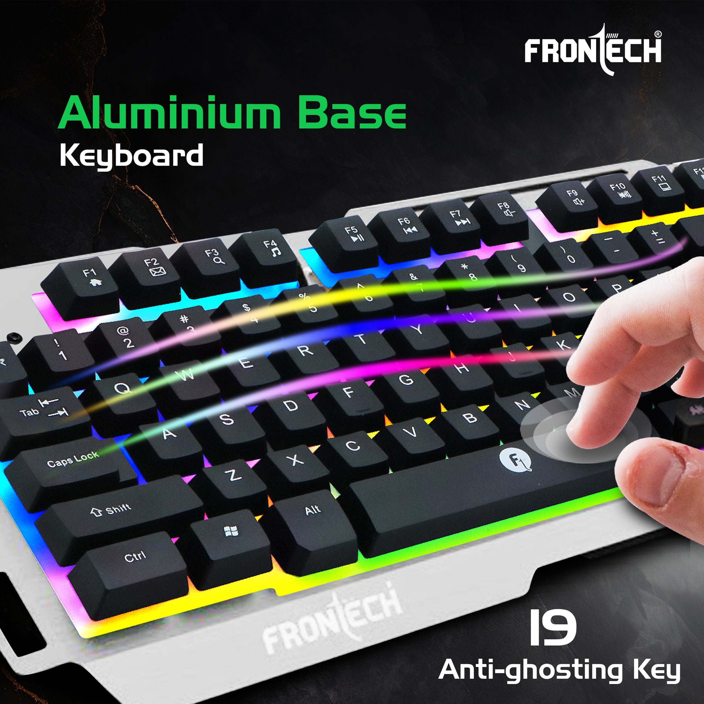 Frontech Metal Warrior Gaming Combo | Rainbow Backlit Aluminium Keyboard with 19 Anti-Ghosting Keys | 7200 DPI Adjustable Optical Mouse | Ergonomic Design | 1-Year Warranty