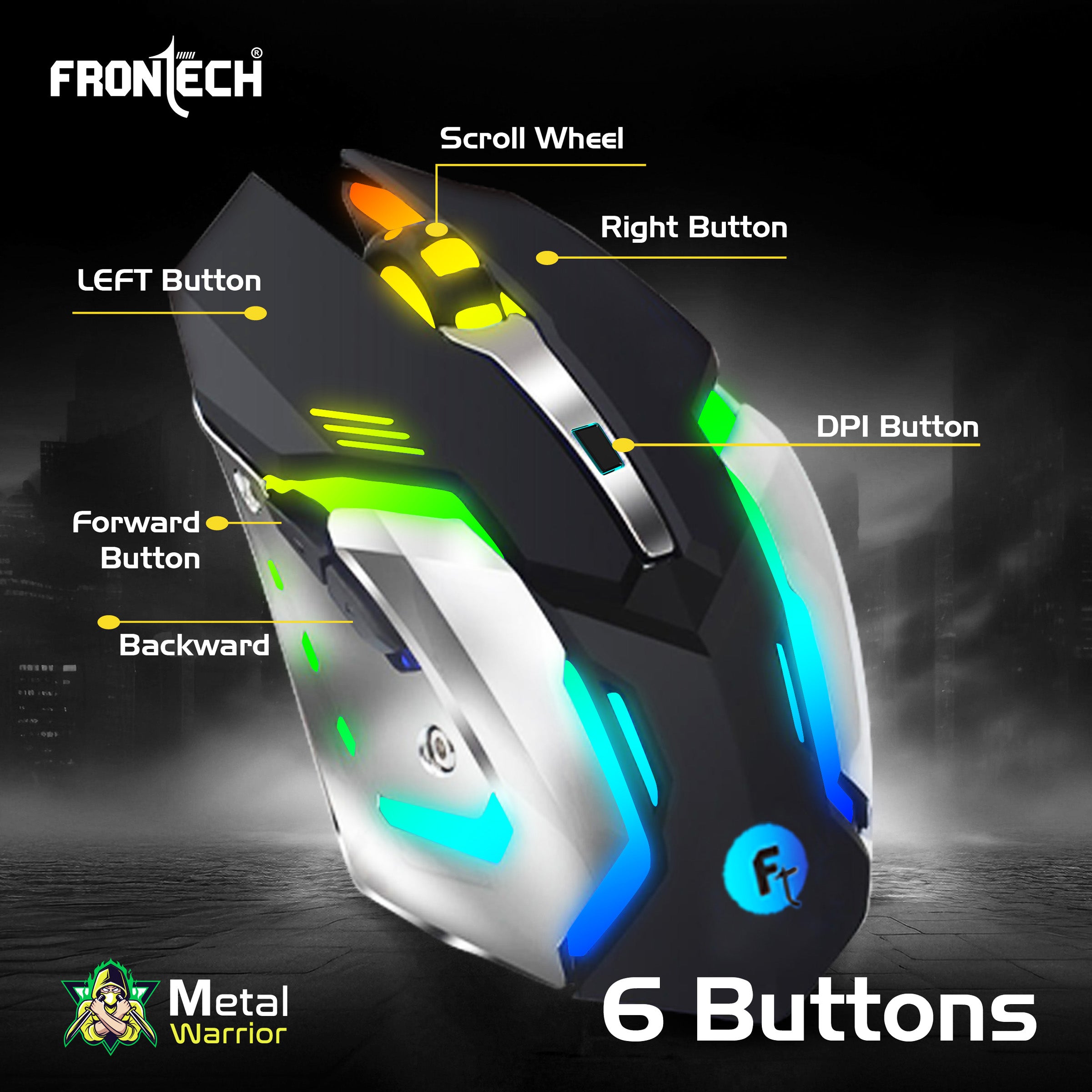 Frontech Metal Warrior Gaming Combo | Rainbow Backlit Aluminium Keyboard with 19 Anti-Ghosting Keys | 7200 DPI Adjustable Optical Mouse | Ergonomic Design | 1-Year Warranty