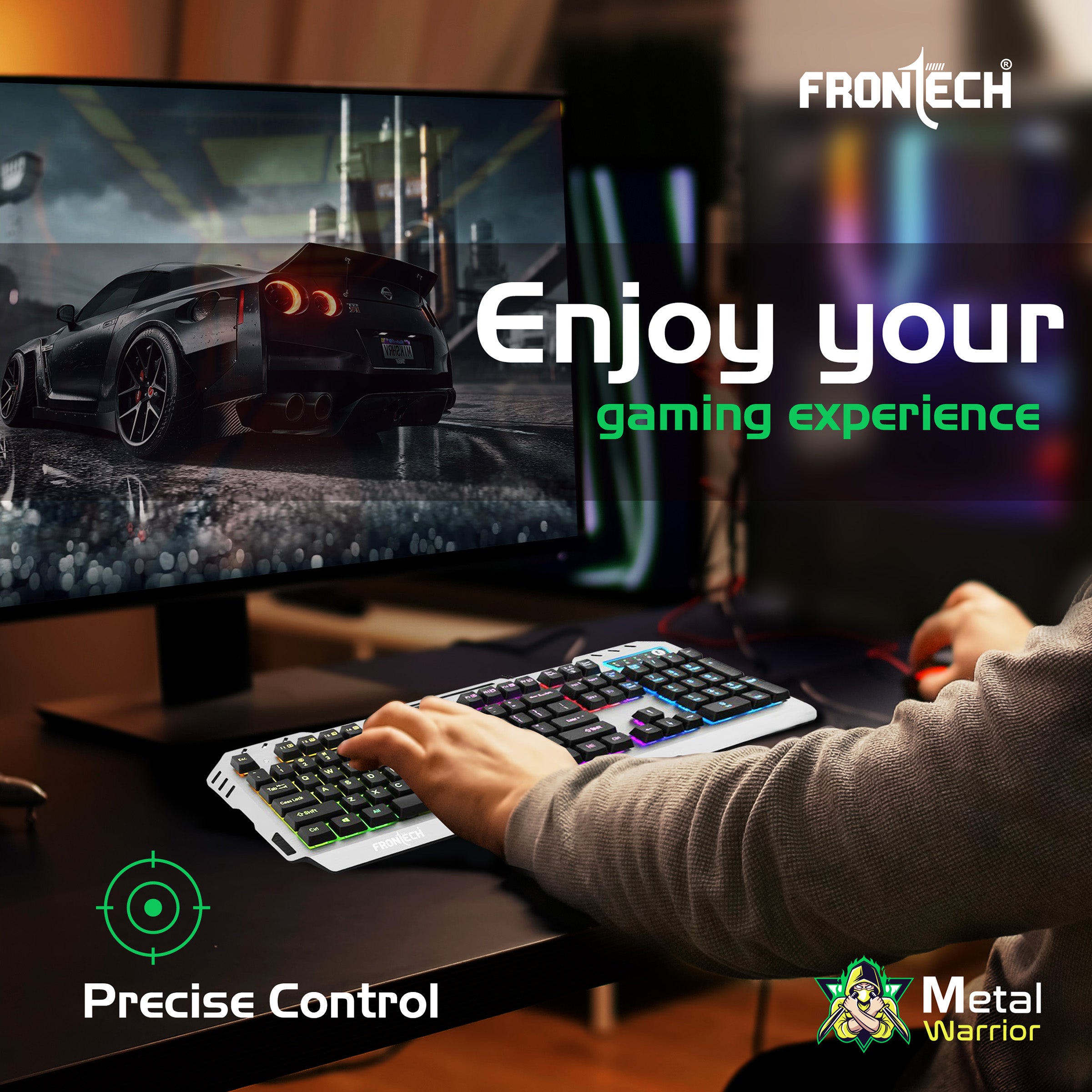 Frontech Metal Warrior Gaming Combo | Rainbow Backlit Aluminium Keyboard with 19 Anti-Ghosting Keys | 7200 DPI Adjustable Optical Mouse | Ergonomic Design | 1-Year Warranty
