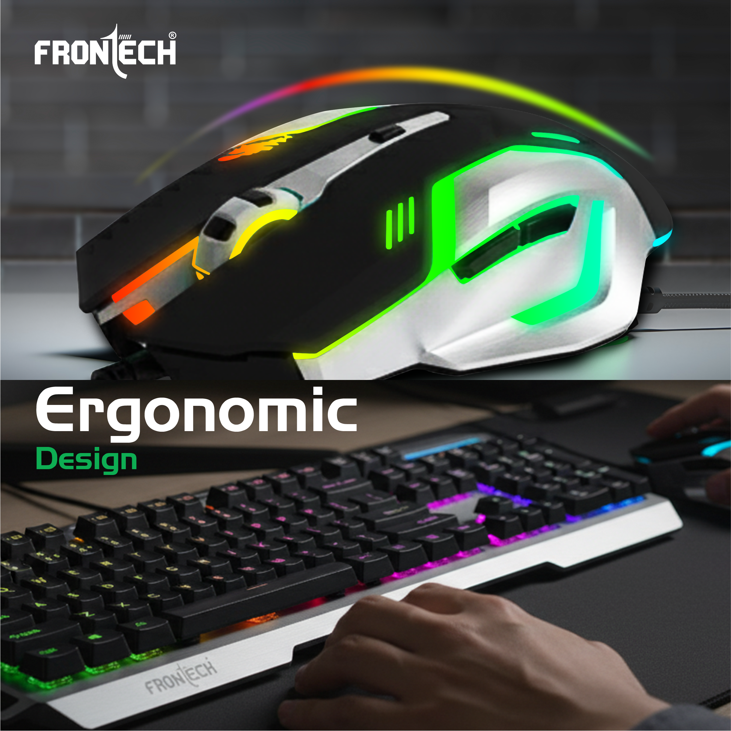 Frontech Metal Warrior Gaming Combo | Rainbow Backlit Aluminium Keyboard with 19 Anti-Ghosting Keys | 7200 DPI Adjustable Optical Mouse | Ergonomic Design | 1-Year Warranty