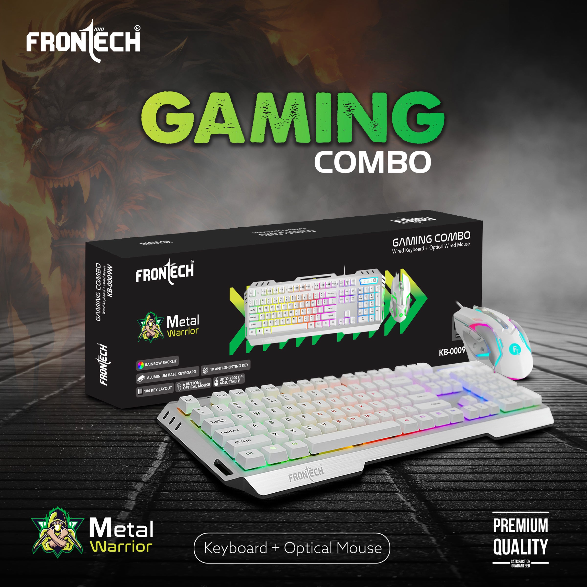 Frontech Metal Warrior Gaming Combo| Rainbow Backlit Aluminium Keyboard with 19 Anti-Ghosting Keys | 7200 DPI Adjustable Optical Mouse | Ergonomic Design | 1-Year Warranty