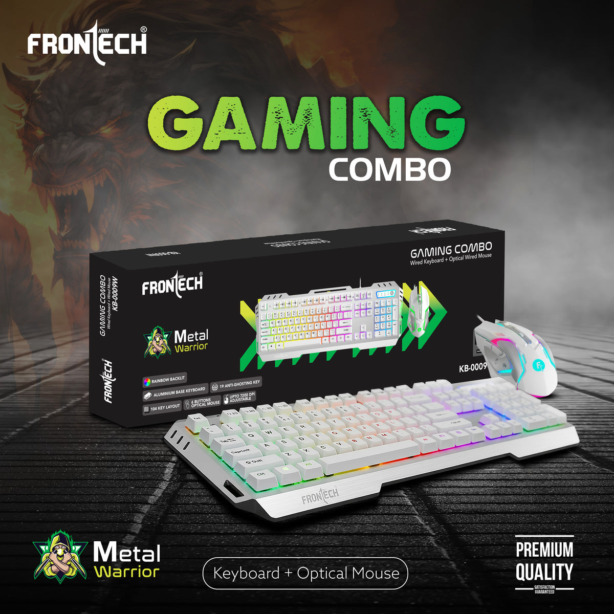 Frontech Metal Warrior Gaming Combo| Rainbow Backlit Aluminium Keyboard with 19 Anti-Ghosting Keys | 7200 DPI Adjustable Optical Mouse | Ergonomic Design | 1-Year Warranty