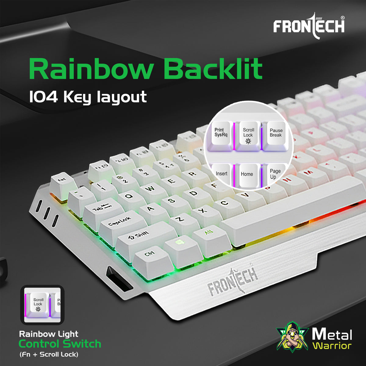 Frontech Metal Warrior Gaming Combo| Rainbow Backlit Aluminium Keyboard with 19 Anti-Ghosting Keys | 7200 DPI Adjustable Optical Mouse | Ergonomic Design | 1-Year Warranty