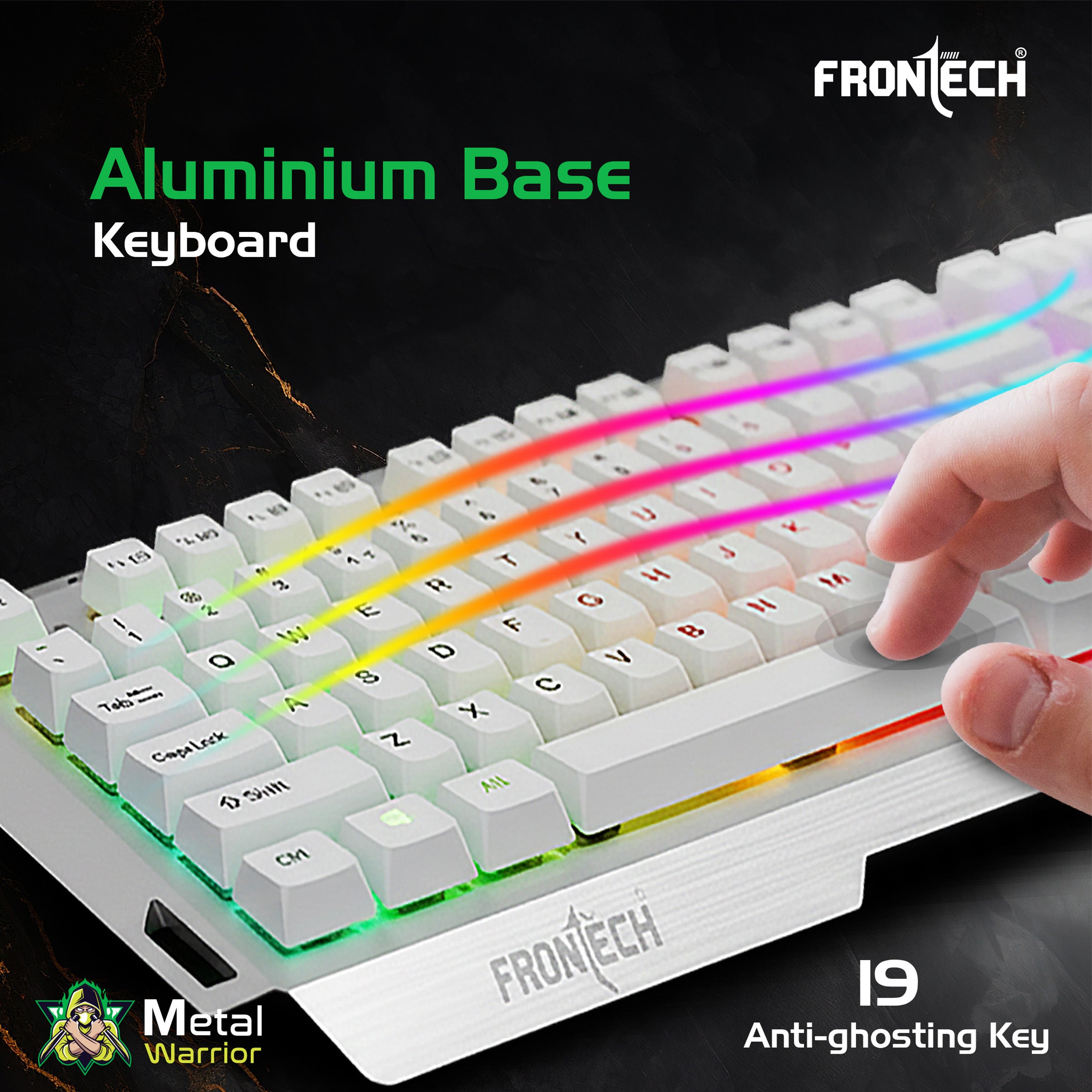 Frontech Metal Warrior Gaming Combo| Rainbow Backlit Aluminium Keyboard with 19 Anti-Ghosting Keys | 7200 DPI Adjustable Optical Mouse | Ergonomic Design | 1-Year Warranty