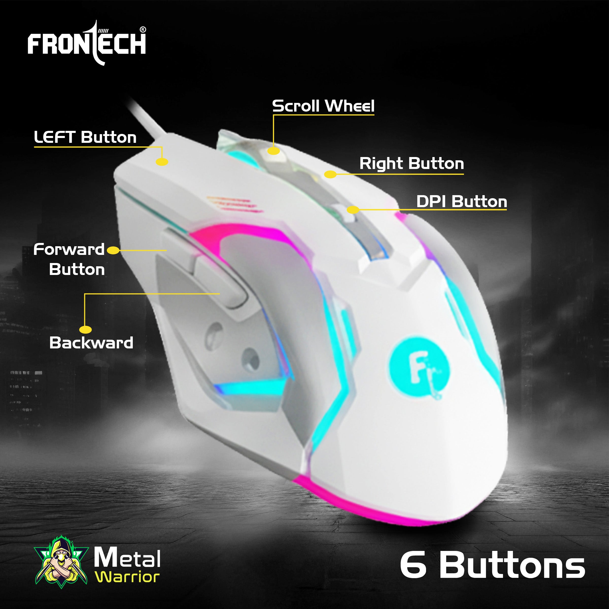 Frontech Metal Warrior Gaming Combo| Rainbow Backlit Aluminium Keyboard with 19 Anti-Ghosting Keys | 7200 DPI Adjustable Optical Mouse | Ergonomic Design | 1-Year Warranty