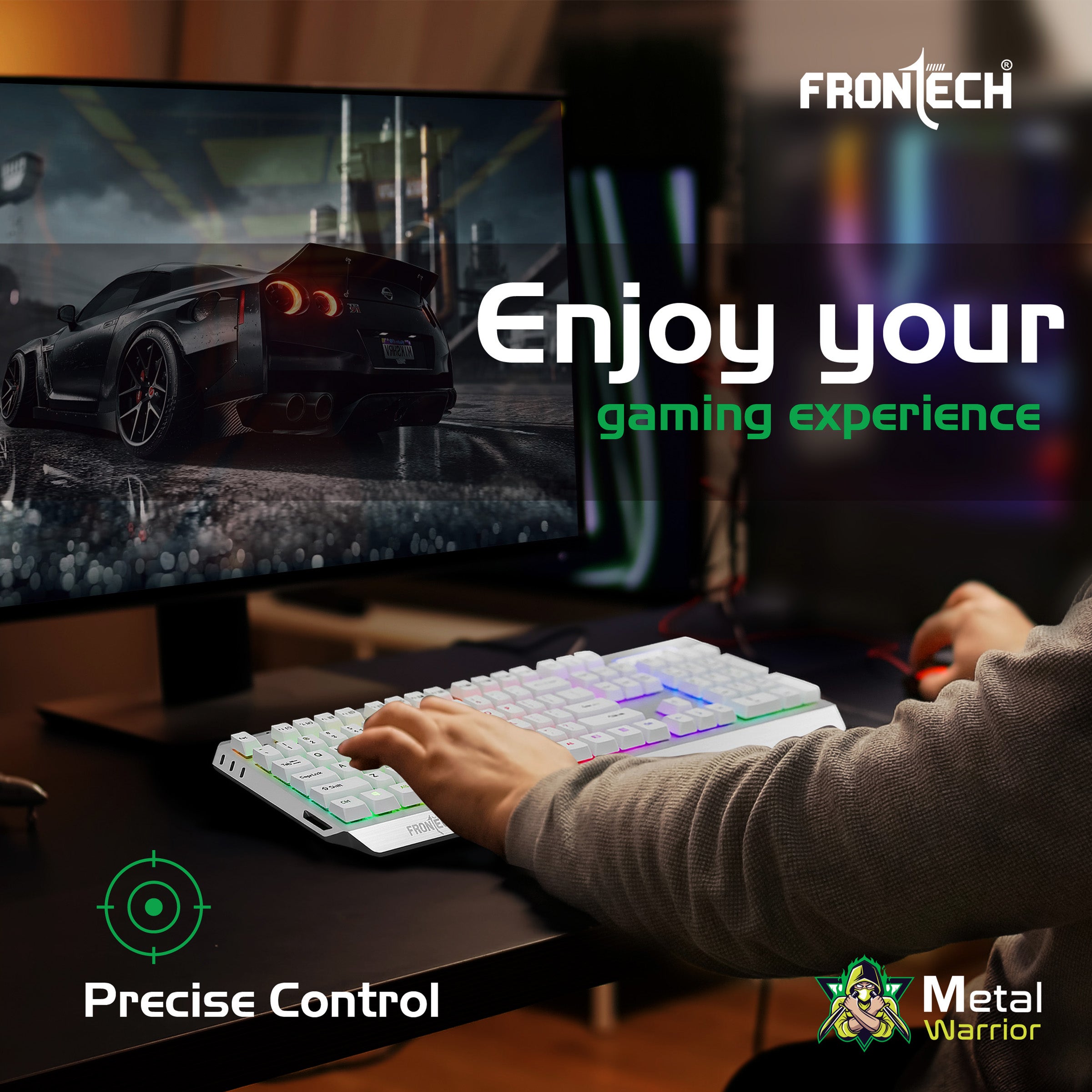 Frontech Metal Warrior Gaming Combo| Rainbow Backlit Aluminium Keyboard with 19 Anti-Ghosting Keys | 7200 DPI Adjustable Optical Mouse | Ergonomic Design | 1-Year Warranty