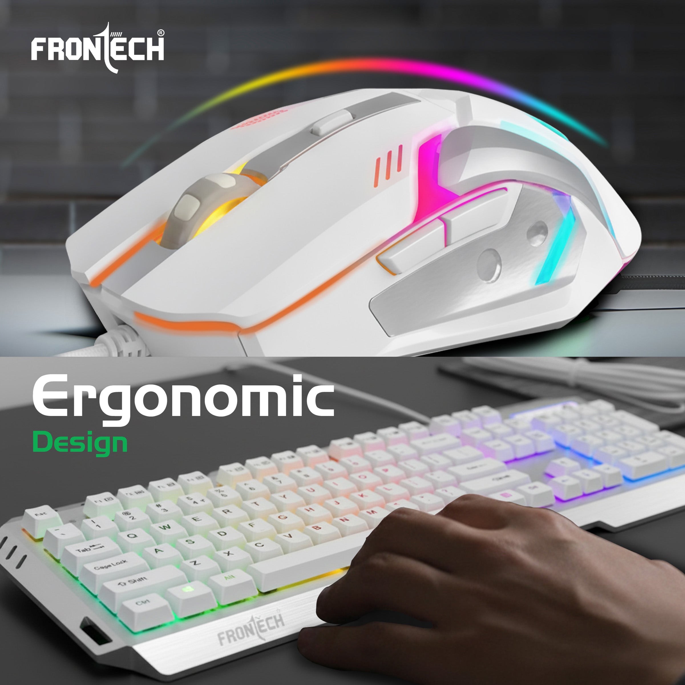 Frontech Metal Warrior Gaming Combo| Rainbow Backlit Aluminium Keyboard with 19 Anti-Ghosting Keys | 7200 DPI Adjustable Optical Mouse | Ergonomic Design | 1-Year Warranty