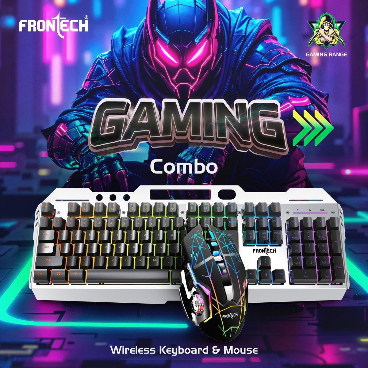 Frontech Wireless Gaming Keyboard & Mouse Combo|104 Keys Layout|2.4GHz|4800 DPI|6 button wireless optical mouse| Rechargeable Battery|1 Year Warranty