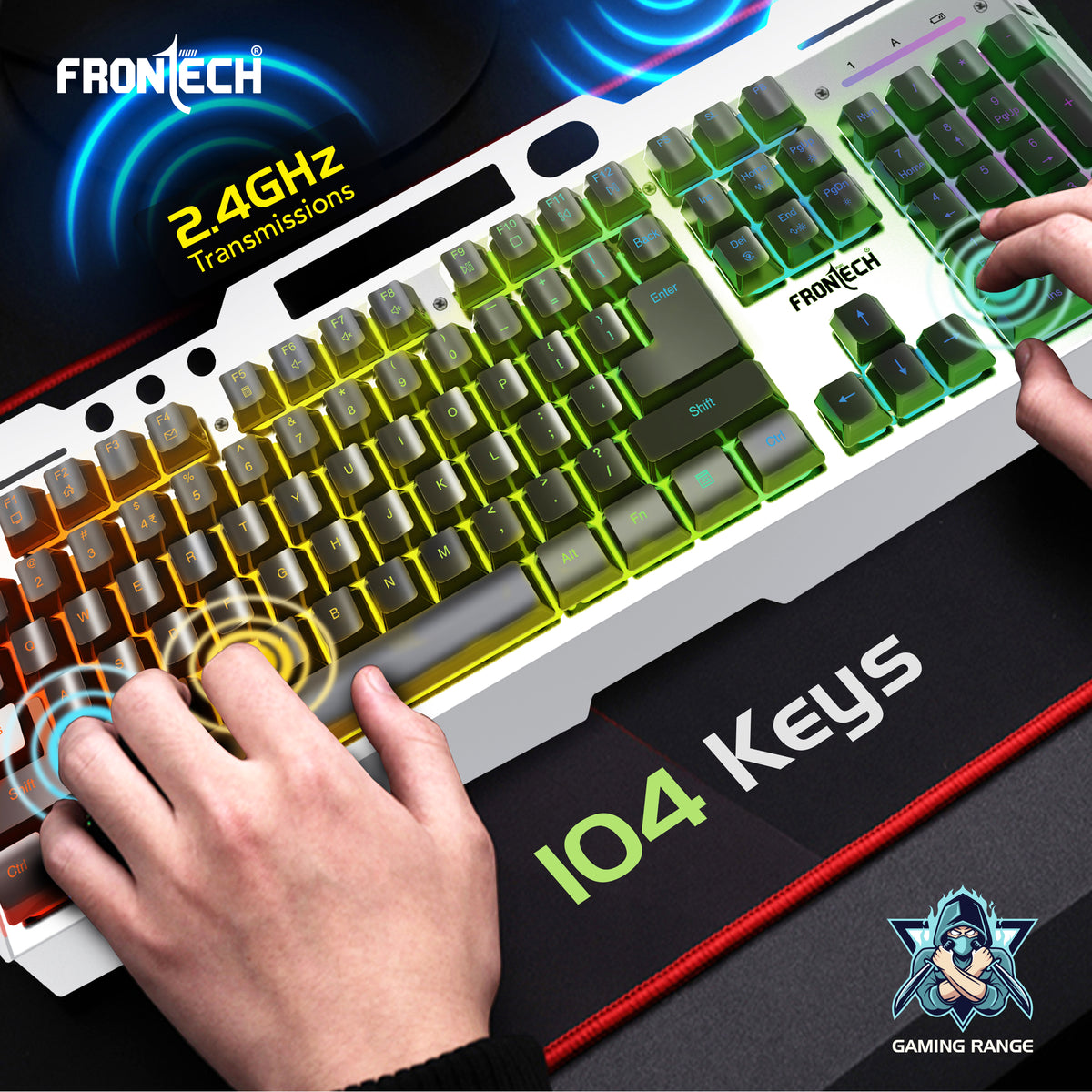 Frontech Wireless Gaming Keyboard & Mouse Combo|104 Keys Layout|2.4GHz|4800 DPI|6 button wireless optical mouse| Rechargeable Battery|1 Year Warranty