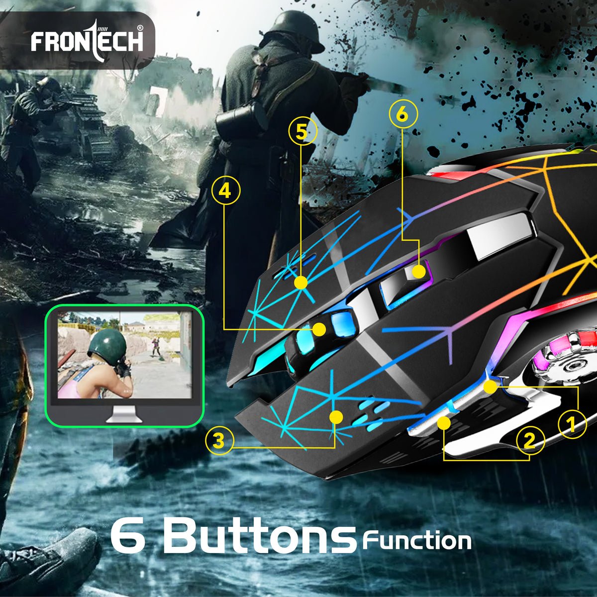 Frontech Wireless Gaming Keyboard & Mouse Combo|104 Keys Layout|2.4GHz|4800 DPI|6 button wireless optical mouse| Rechargeable Battery|1 Year Warranty