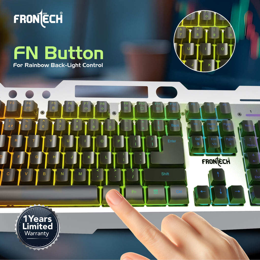 Frontech Wireless Gaming Keyboard & Mouse Combo|104 Keys Layout|2.4GHz|4800 DPI|6 button wireless optical mouse| Rechargeable Battery|1 Year Warranty