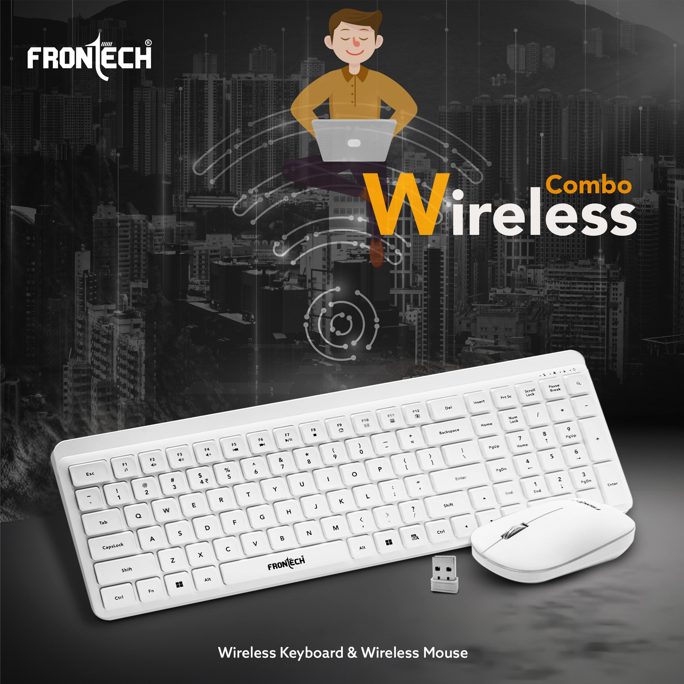 Frontech Wireless Keyboard & Mouse Combo–2.4GHz, 106 keys, 3200 DPI mouse, power-saving design, 3-year warranty, White (KB-0030P)