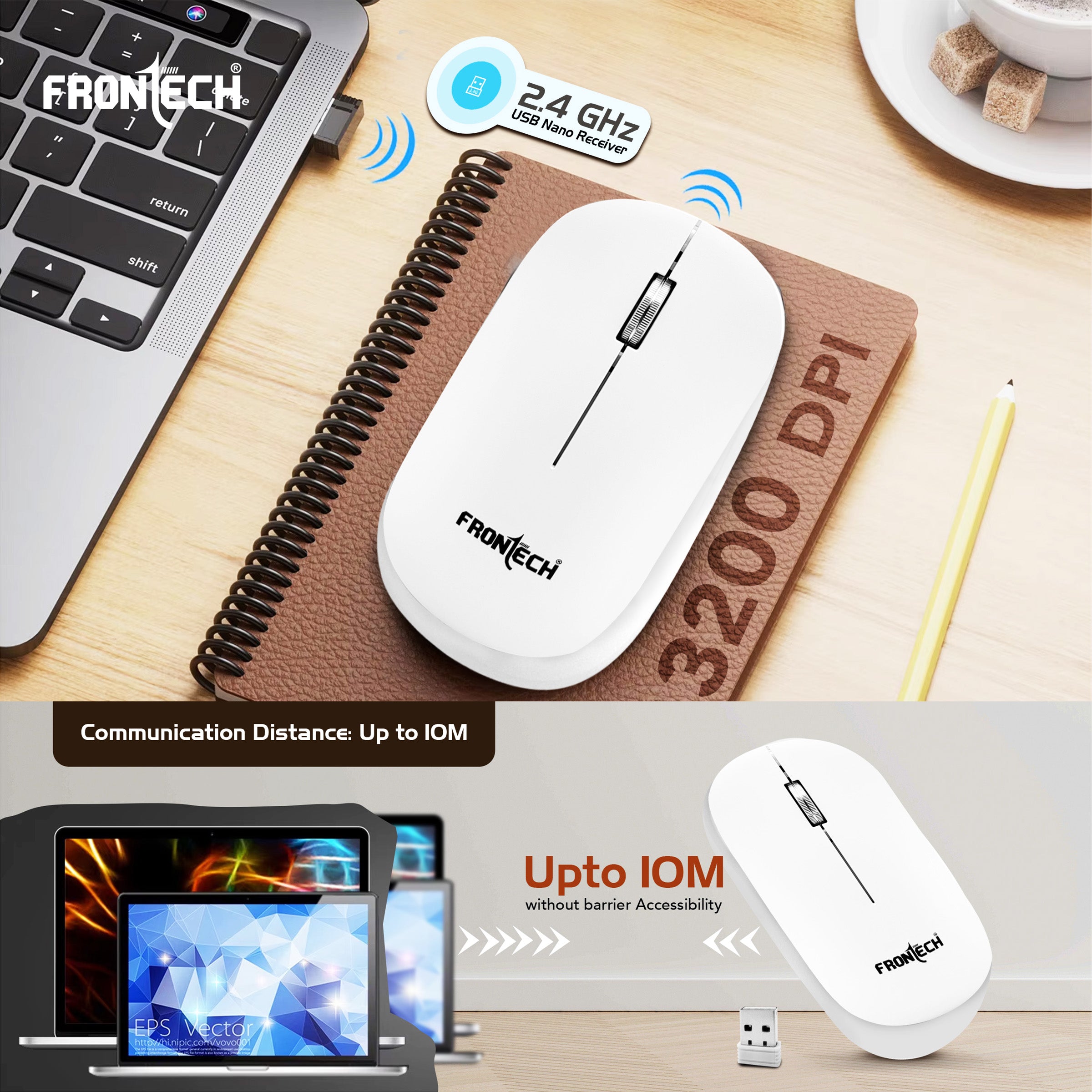 Frontech Wireless Keyboard & Mouse Combo–2.4GHz, 106 keys, 3200 DPI mouse, power-saving design, 3-year warranty, White (KB-0030P)