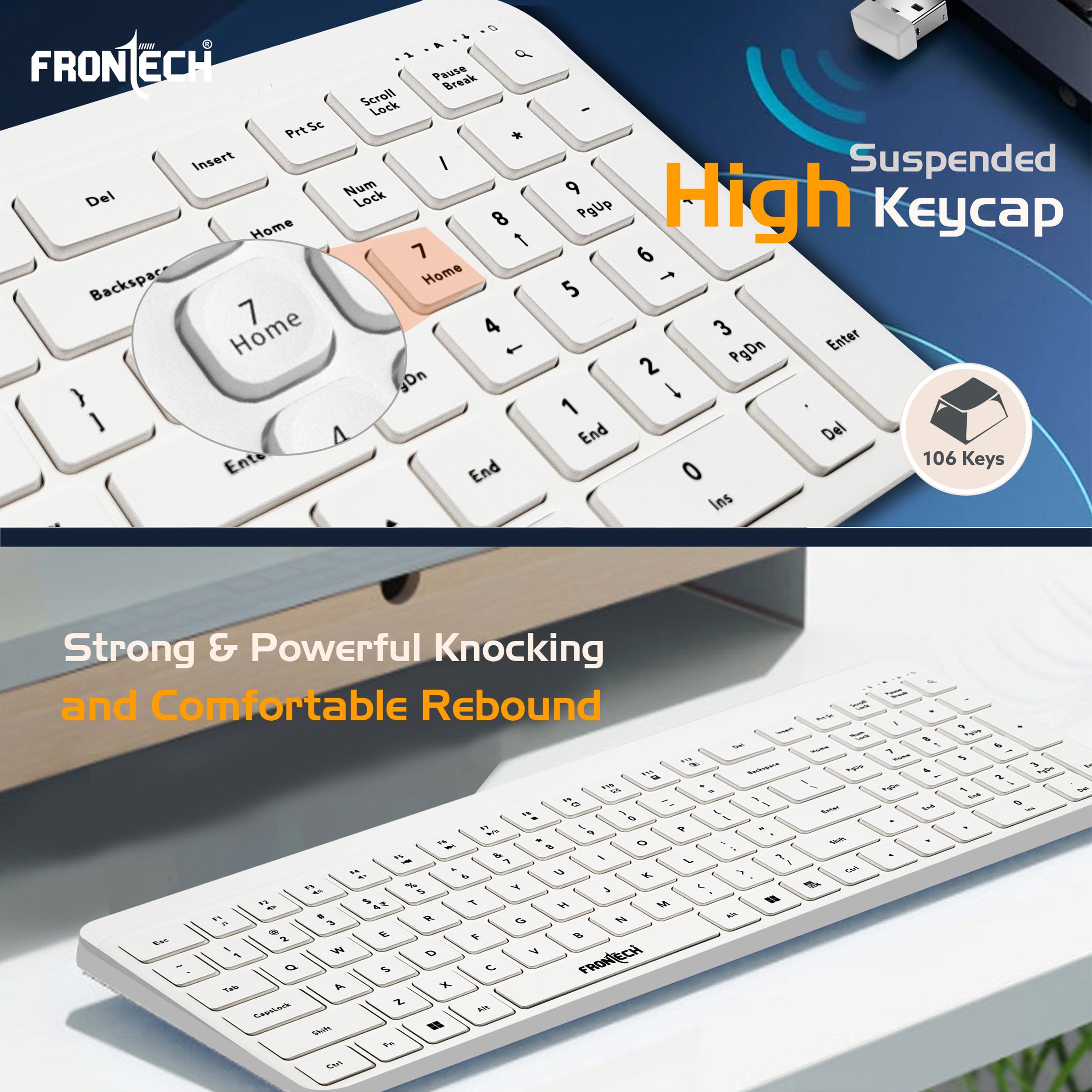 Frontech Wireless Keyboard & Mouse Combo–2.4GHz, 106 keys, 3200 DPI mouse, power-saving design, 3-year warranty, White (KB-0030P)