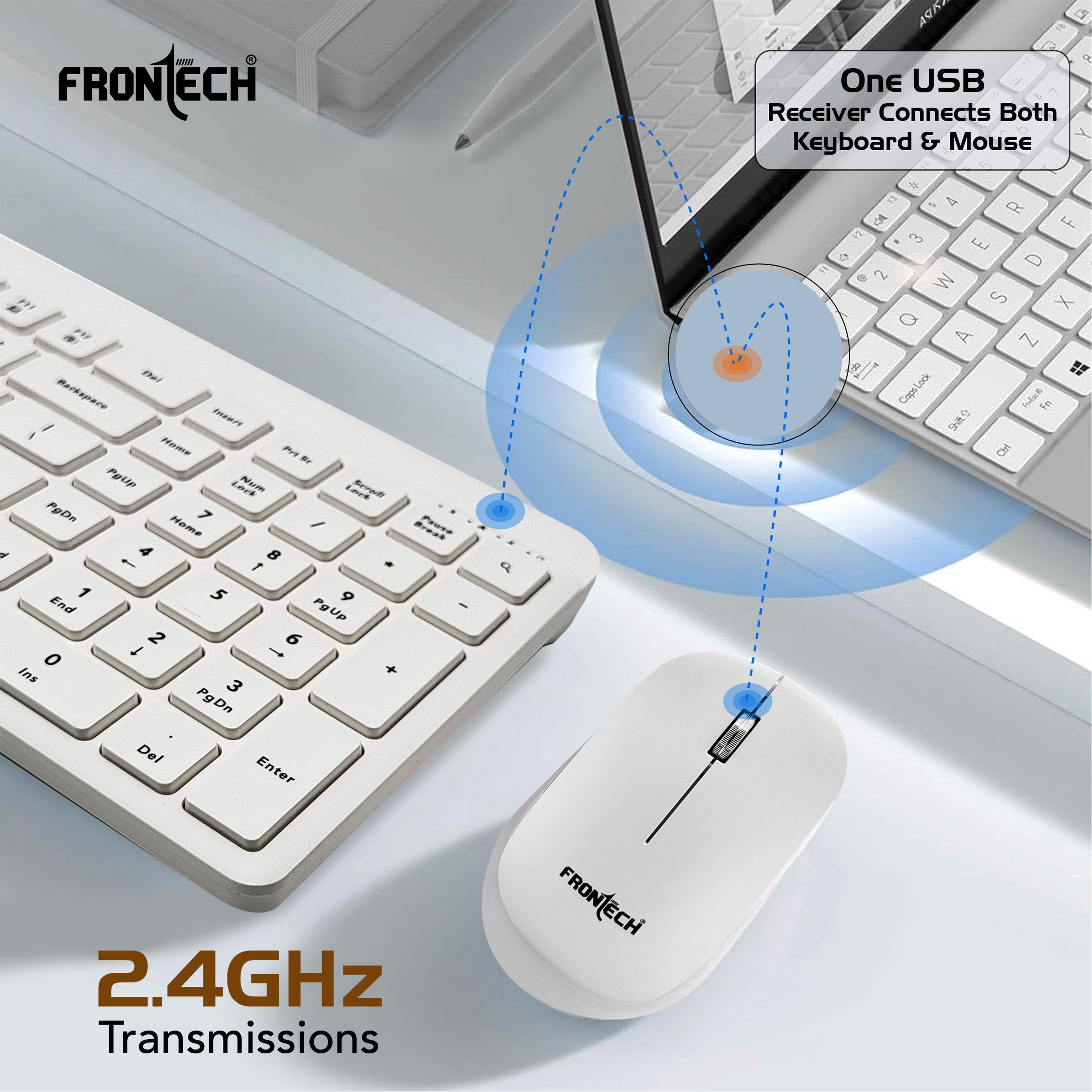 Frontech Wireless Keyboard & Mouse Combo–2.4GHz, 106 keys, 3200 DPI mouse, power-saving design, 3-year warranty, White (KB-0030P)