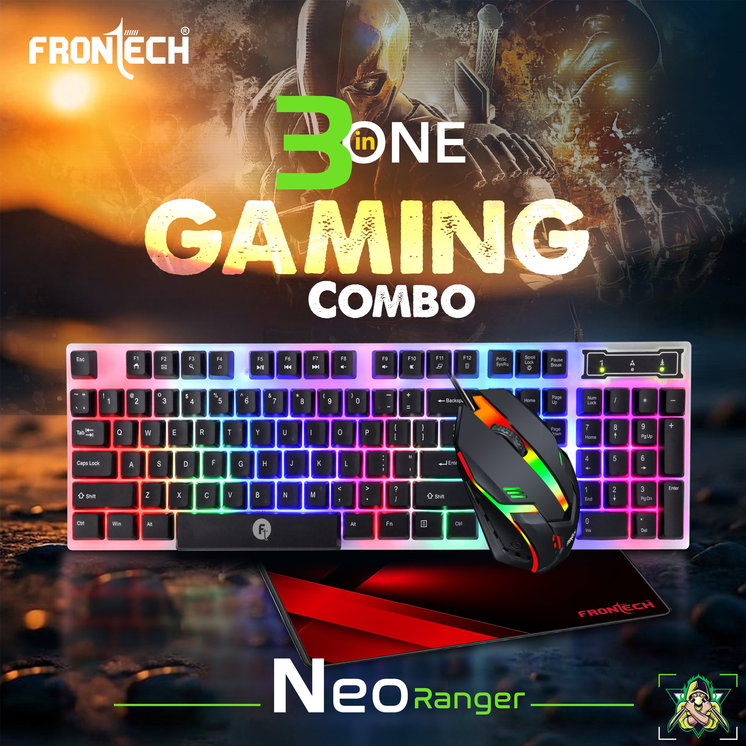 Frontech Neo Ranger 3-in-1 Gaming Combo – RGB LED Backlit 104-Key Keyboard, 1200 DPI Optical Mouse & Anti-Skid Mouse Pad – USB Wired (KB-0040PC)