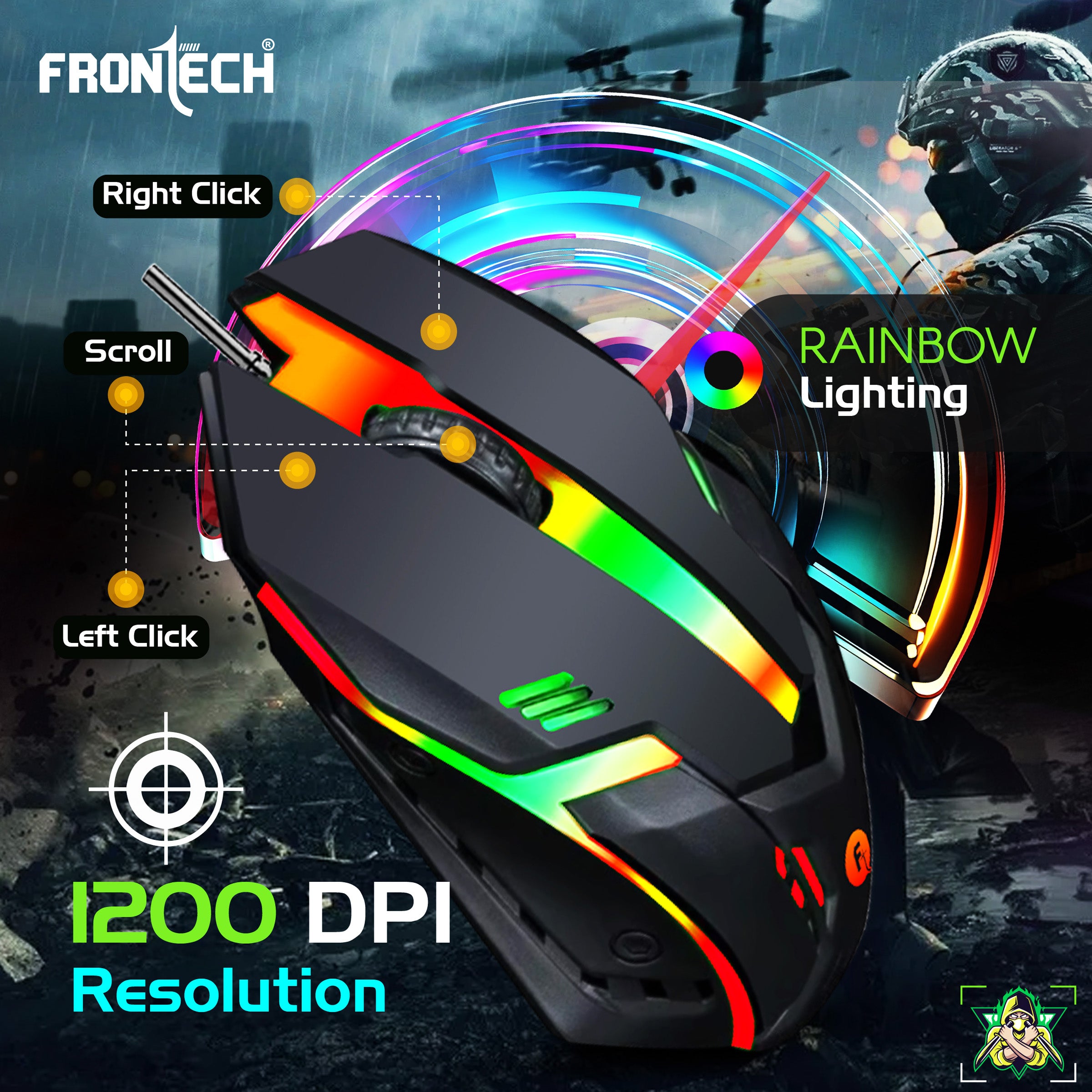 Frontech Neo Ranger 3-in-1 Gaming Combo – RGB LED Backlit 104-Key Keyboard, 1200 DPI Optical Mouse & Anti-Skid Mouse Pad – USB Wired (KB-0040PC)