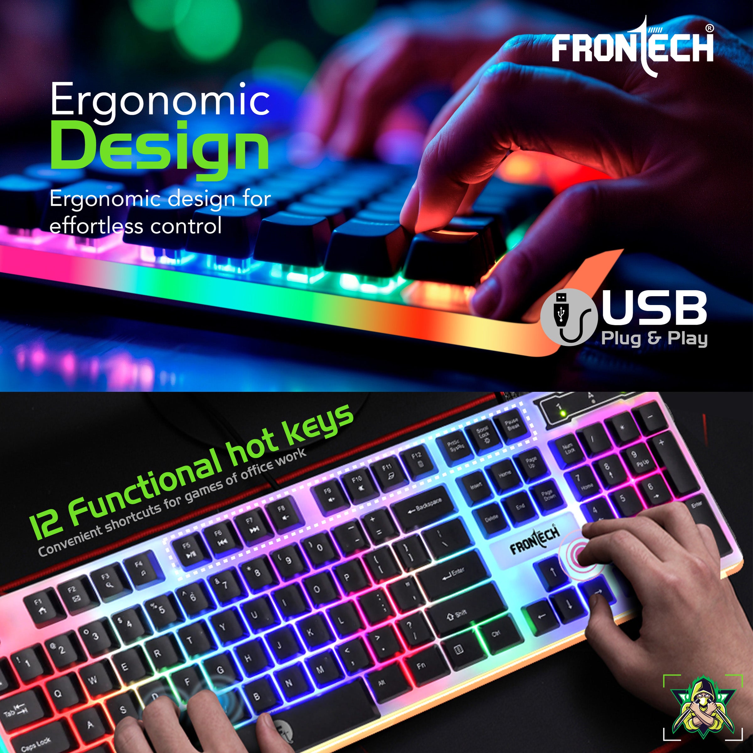 Frontech Neo Ranger 3-in-1 Gaming Combo – RGB LED Backlit 104-Key Keyboard, 1200 DPI Optical Mouse & Anti-Skid Mouse Pad – USB Wired (KB-0040PC)