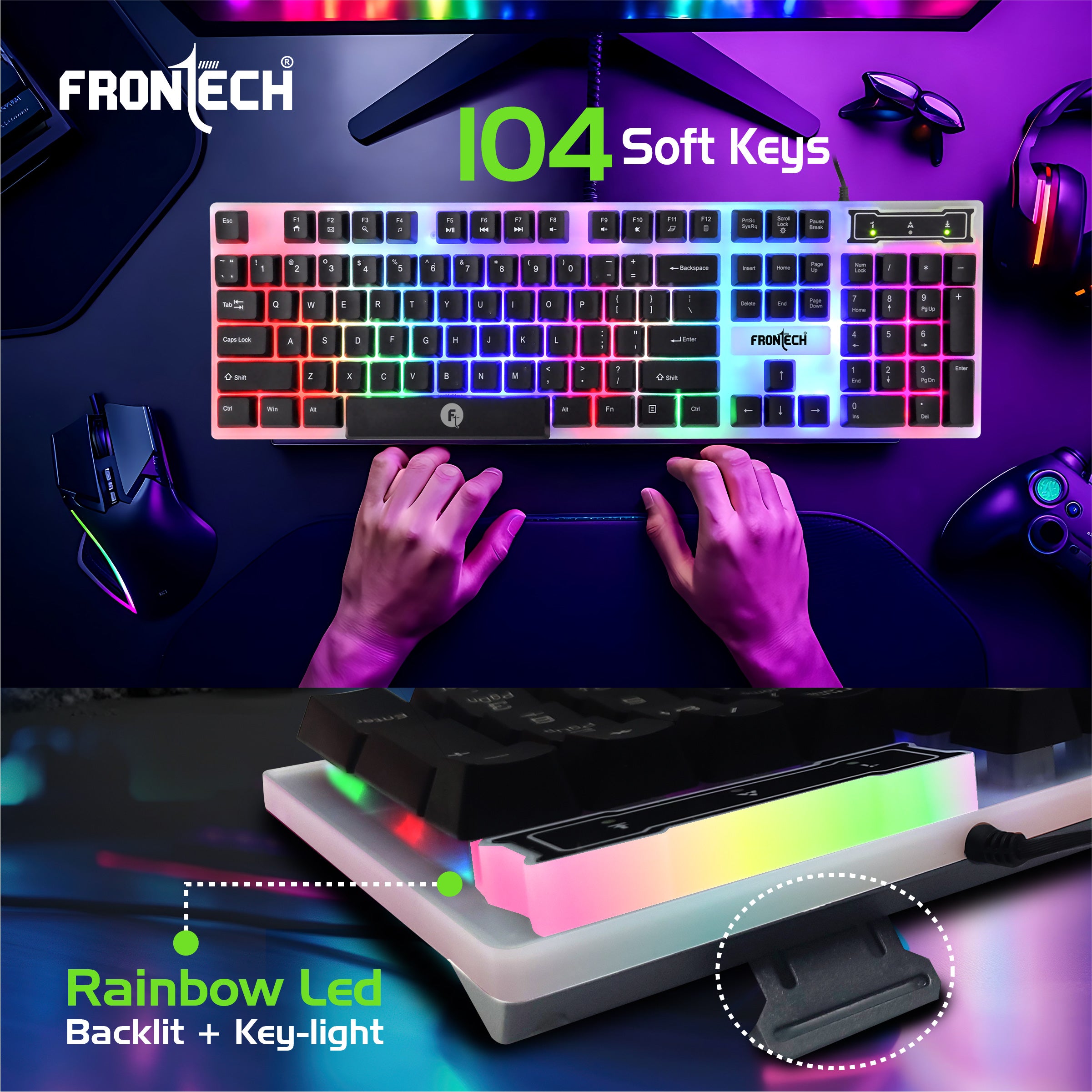 Frontech Neo Ranger 3-in-1 Gaming Combo – RGB LED Backlit 104-Key Keyboard, 1200 DPI Optical Mouse & Anti-Skid Mouse Pad – USB Wired (KB-0040PC)