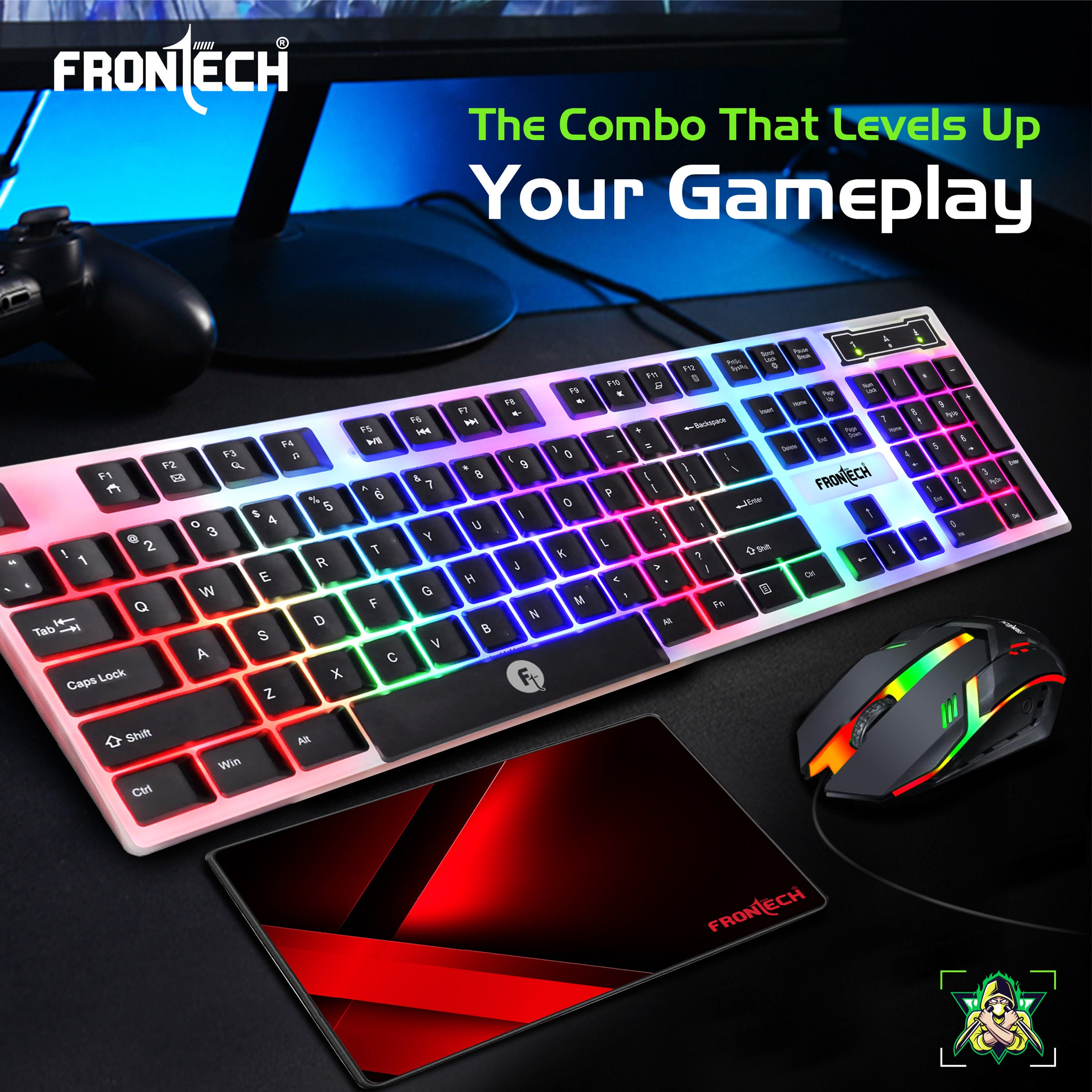 Frontech Neo Ranger 3-in-1 Gaming Combo – RGB LED Backlit 104-Key Keyboard, 1200 DPI Optical Mouse & Anti-Skid Mouse Pad – USB Wired (KB-0040PC)