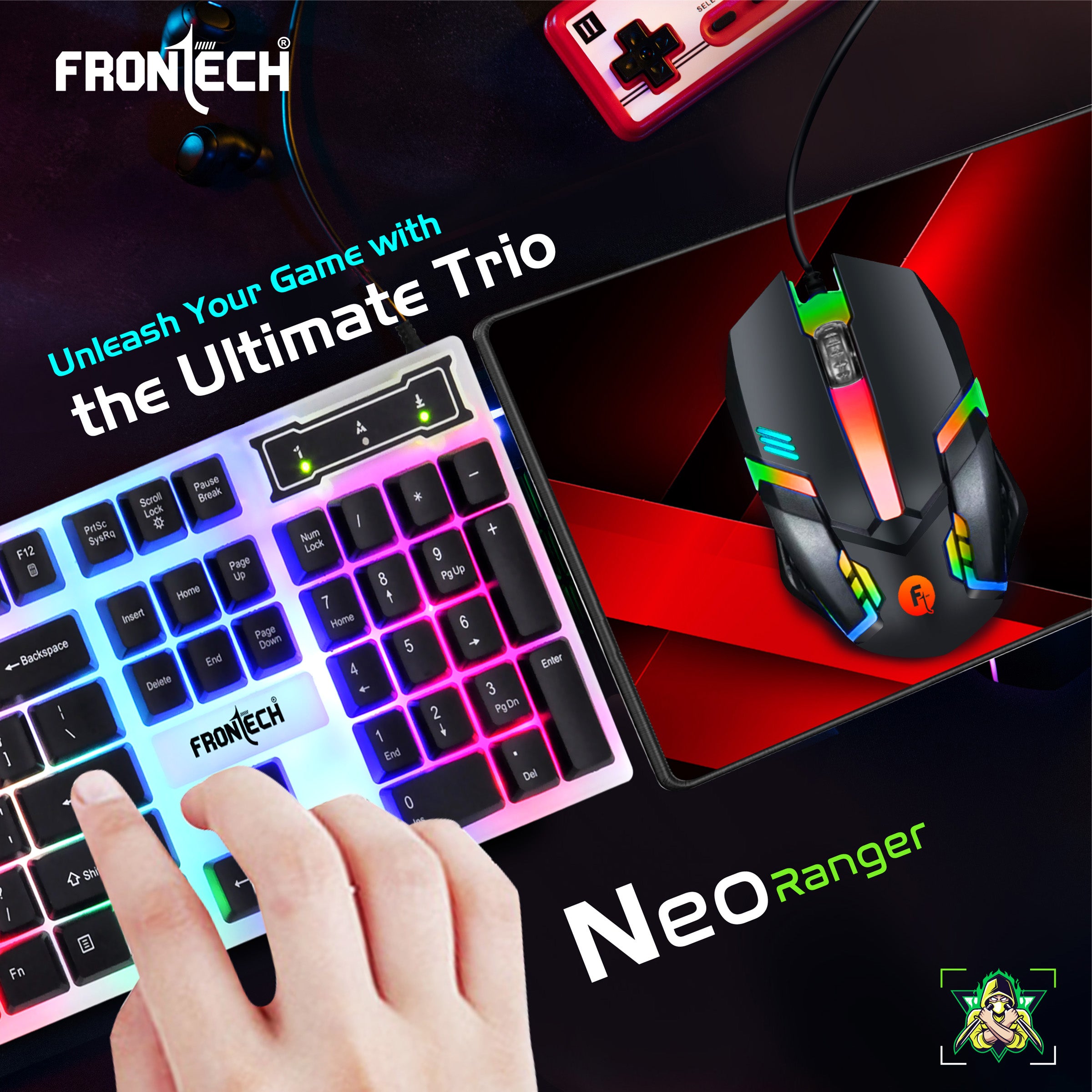 Frontech Neo Ranger 3-in-1 Gaming Combo – RGB LED Backlit 104-Key Keyboard, 1200 DPI Optical Mouse & Anti-Skid Mouse Pad – USB Wired (KB-0040PC)