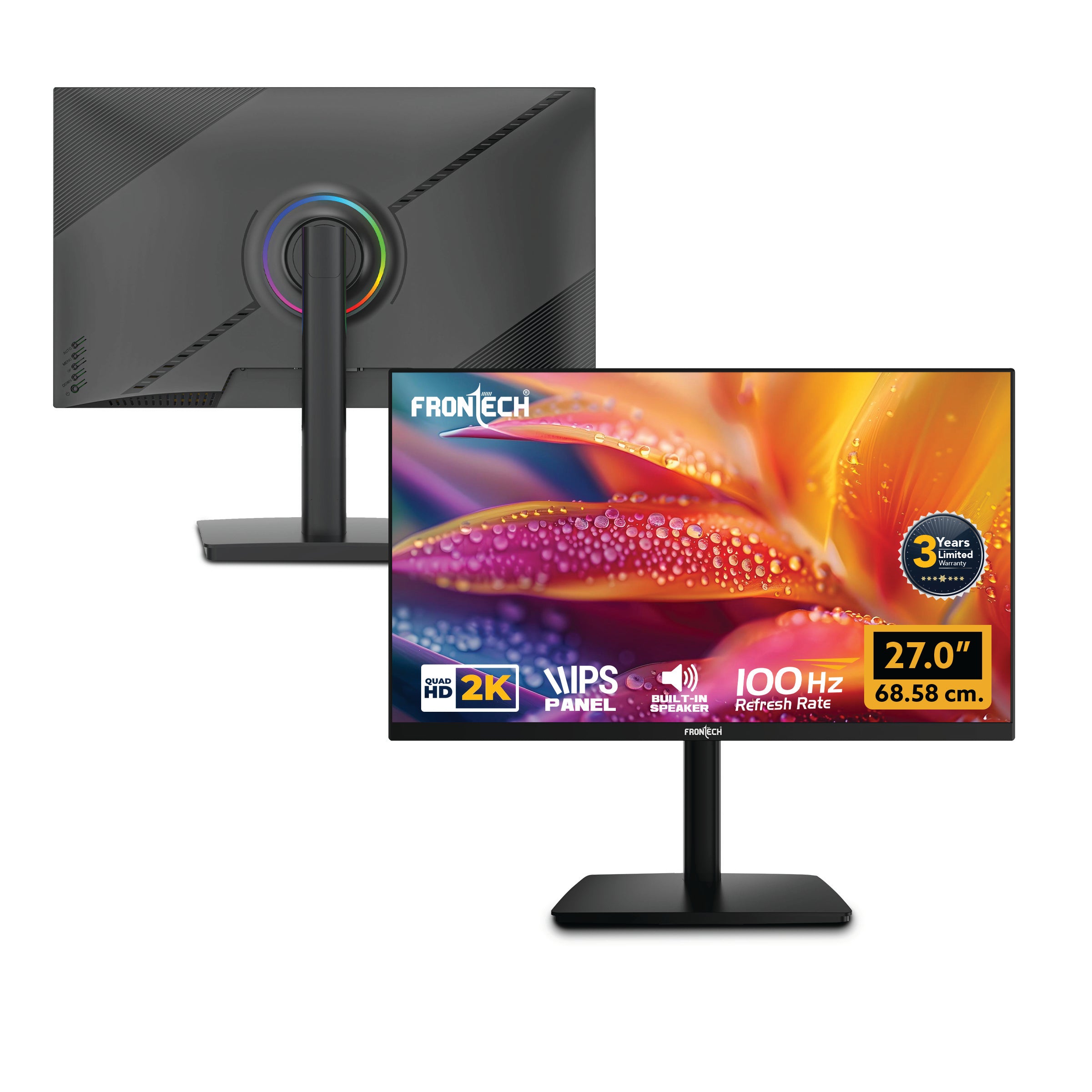 Frontech 27 inch Gaming Monitor | 100Hz | 2560x1440 | Wall Mountable | HDMI & DP | 1ms Response Time | Built-in Speaker | 3 Years Warranty