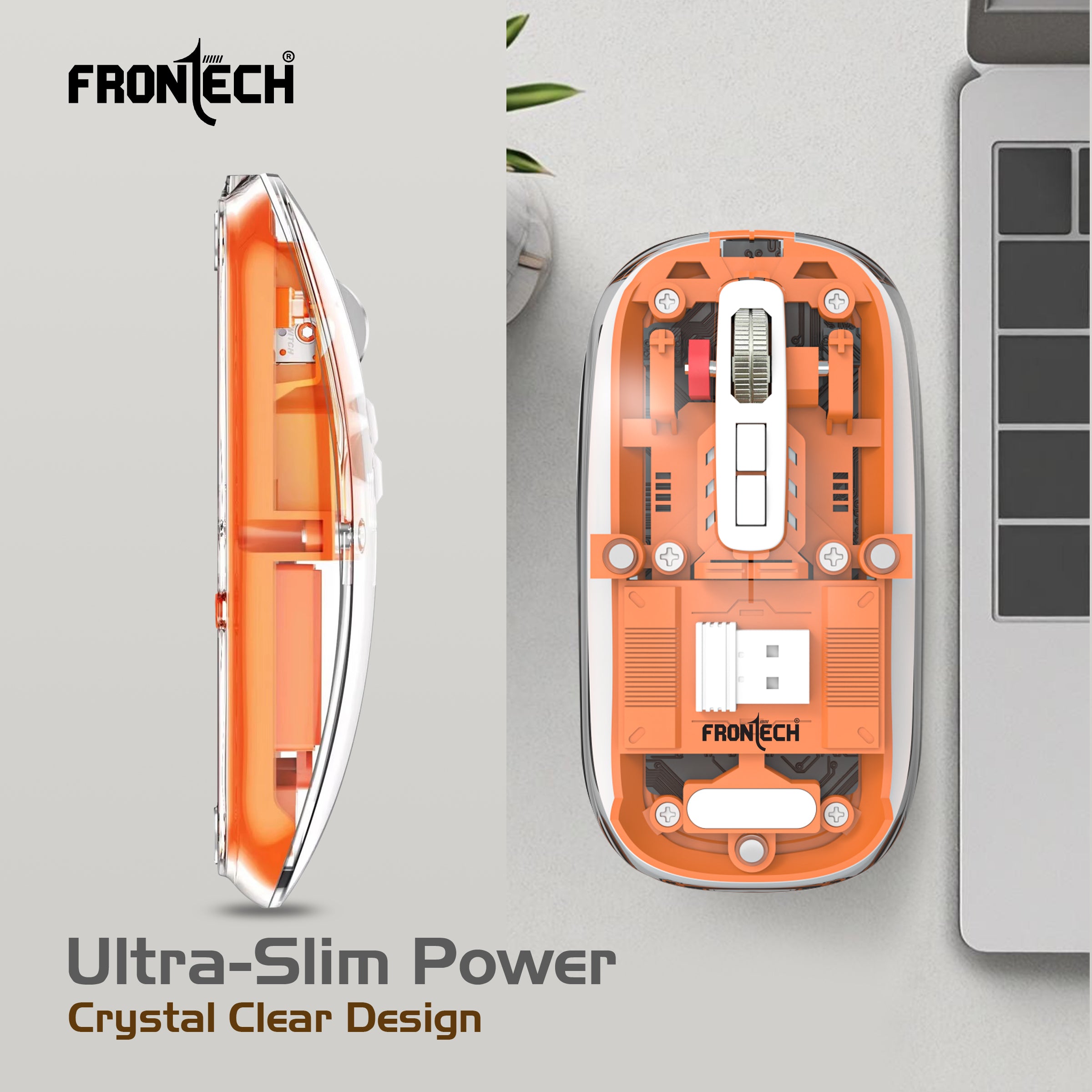 Frontech Wireless Transparent Bluetooth Mouse|2.4Ghz|3200 DPI| 300mAh Rechargeable Battery|5 Button Mouse|1 Year Warranty