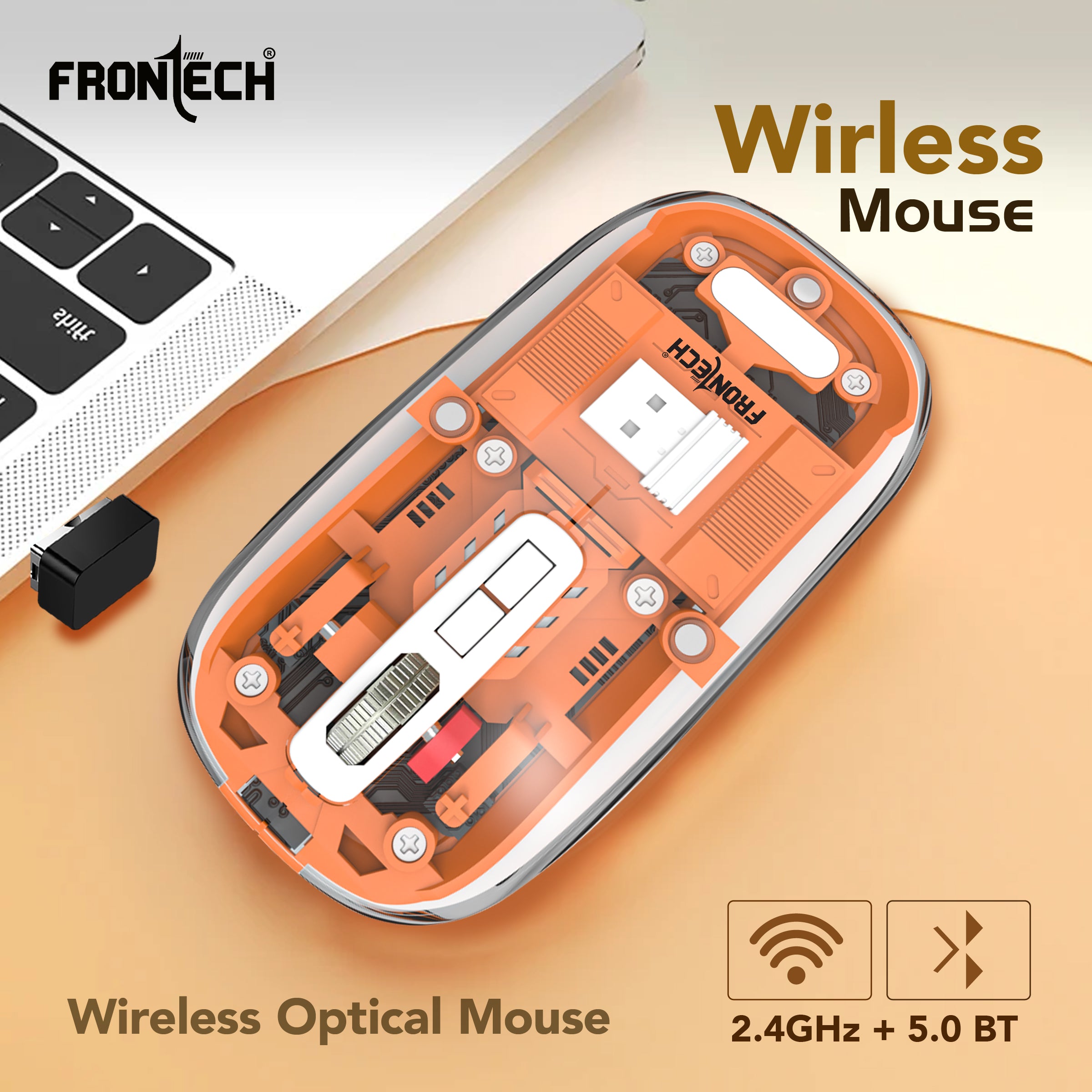 Frontech Wireless Transparent Bluetooth Mouse|2.4Ghz|3200 DPI| 300mAh Rechargeable Battery|5 Button Mouse|1 Year Warranty