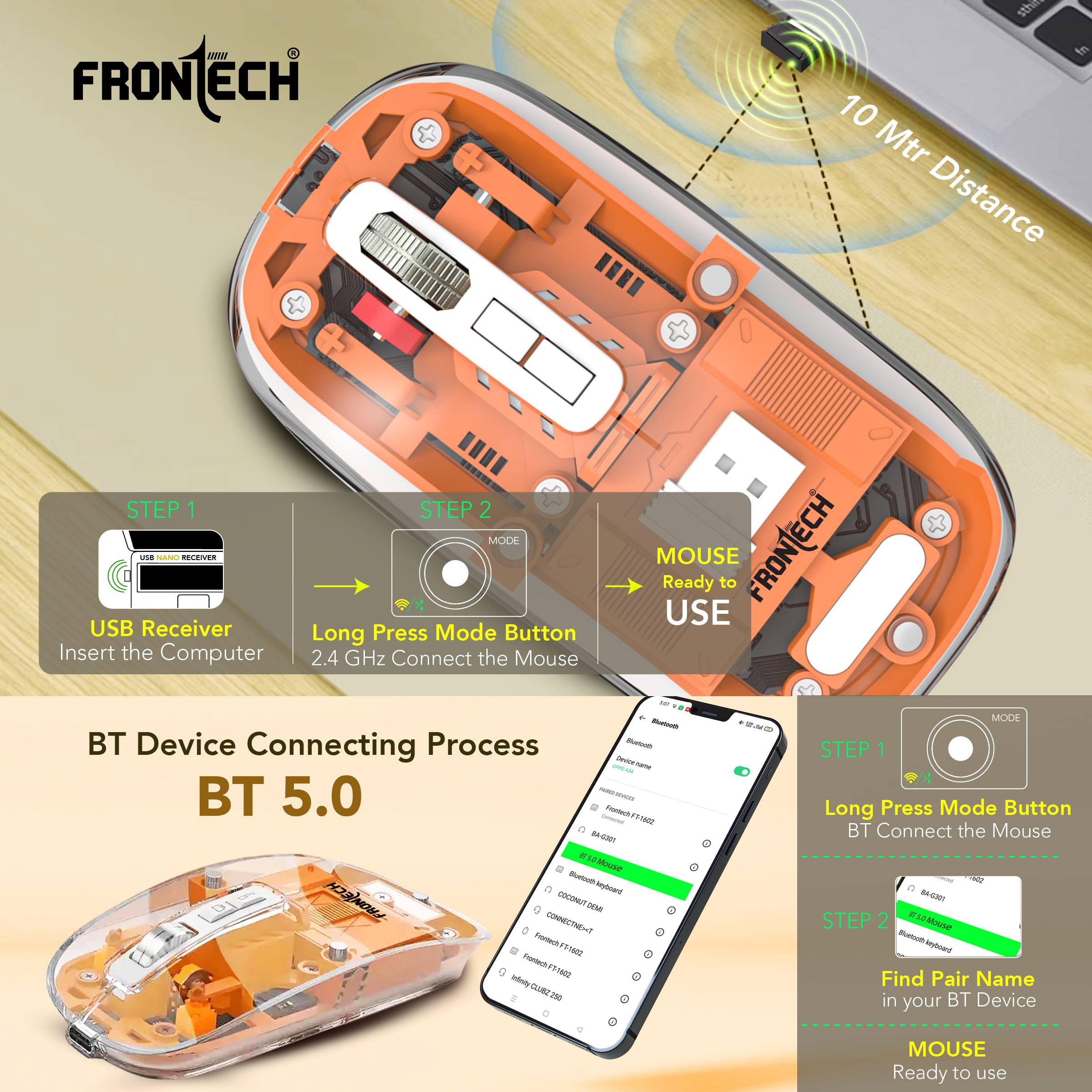 Frontech Wireless Transparent Bluetooth Mouse|2.4Ghz|3200 DPI| 300mAh Rechargeable Battery|5 Button Mouse|1 Year Warranty